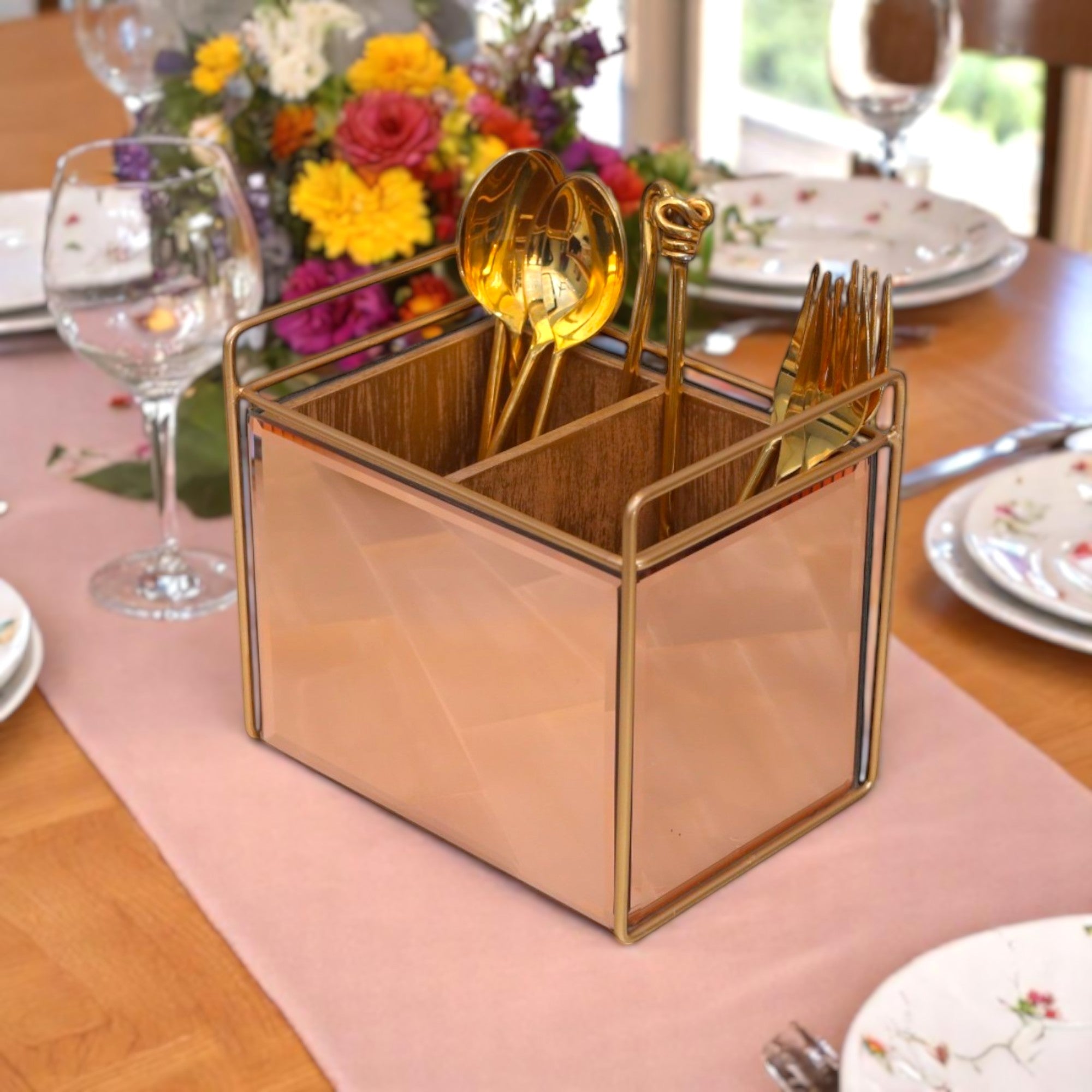Luxury Rose Gold Glass Cutlery Holder Two Partition