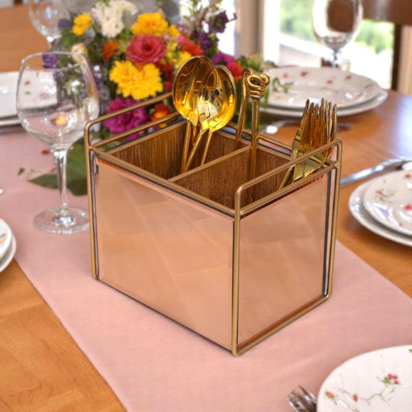Luxury Rose Gold Glass Cutlery Holder Two Partition