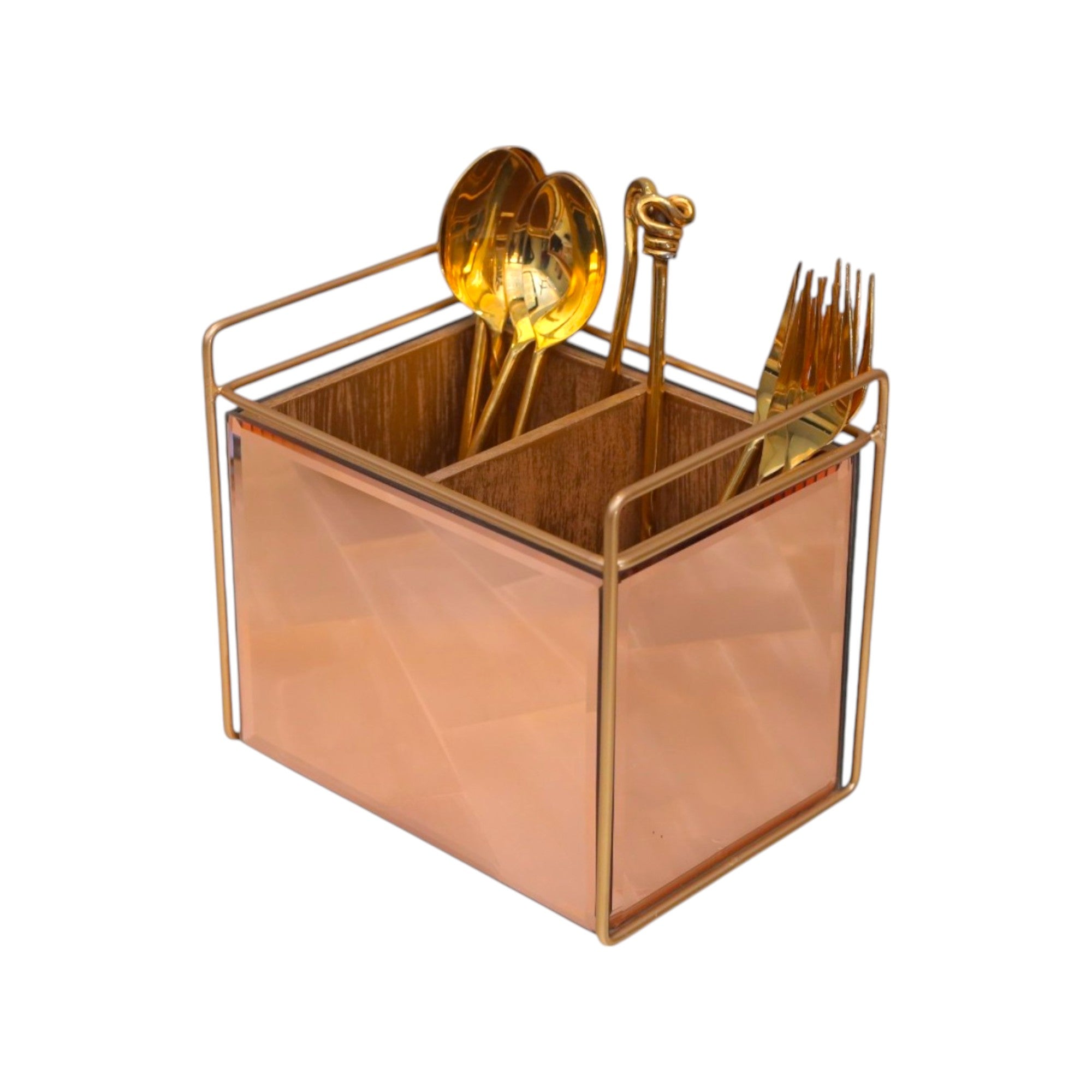 Luxury Rose Gold Glass Cutlery Holder Two Partition