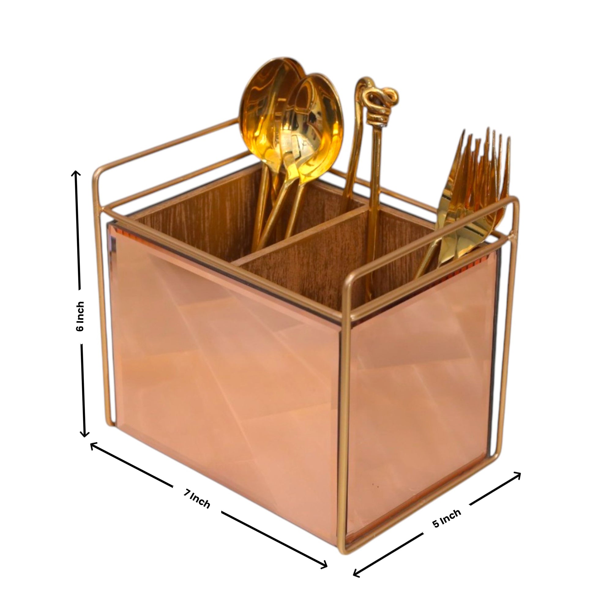 Luxury Rose Gold Glass Cutlery Holder Two Partition