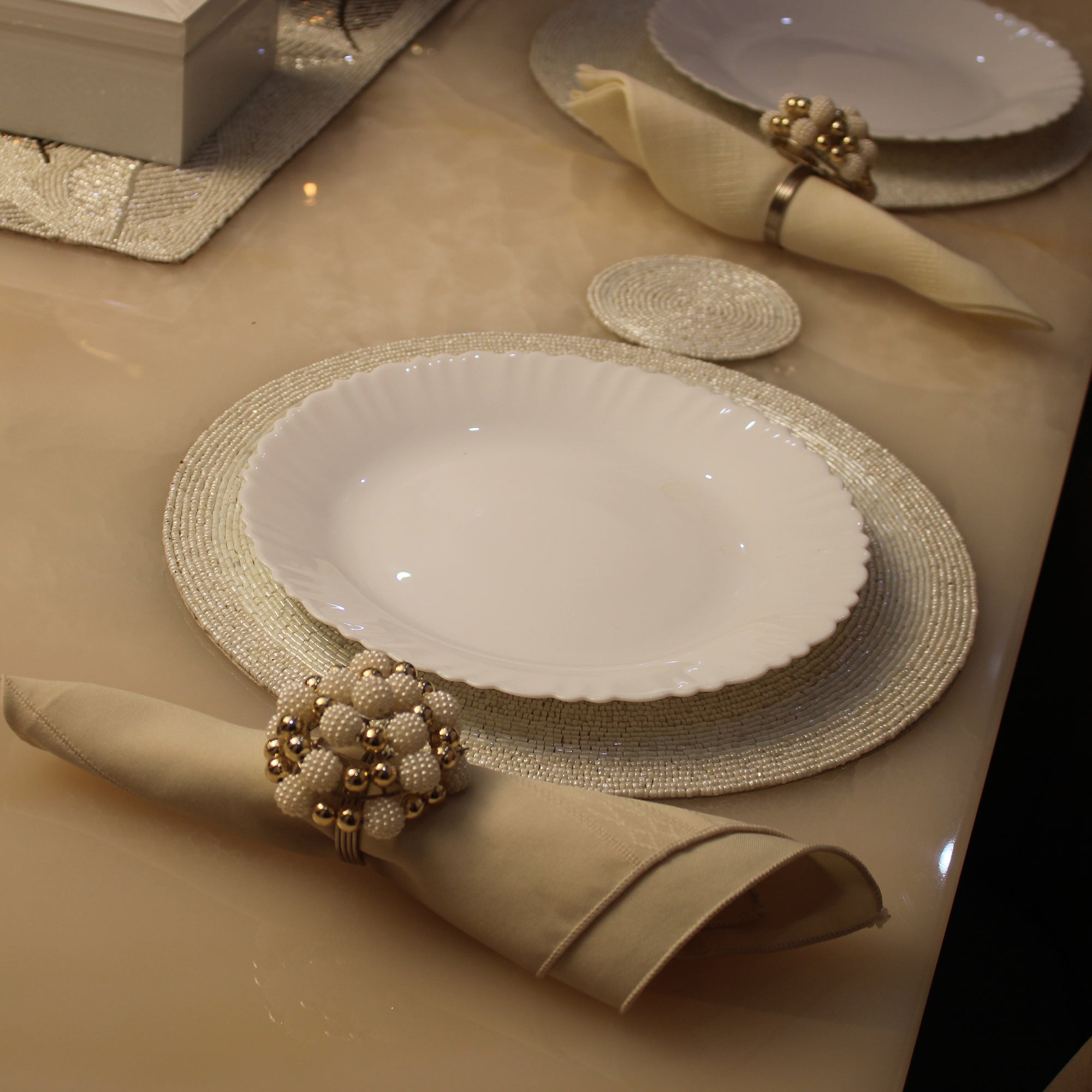 White Beaded Placemats for  Dining Set of Two