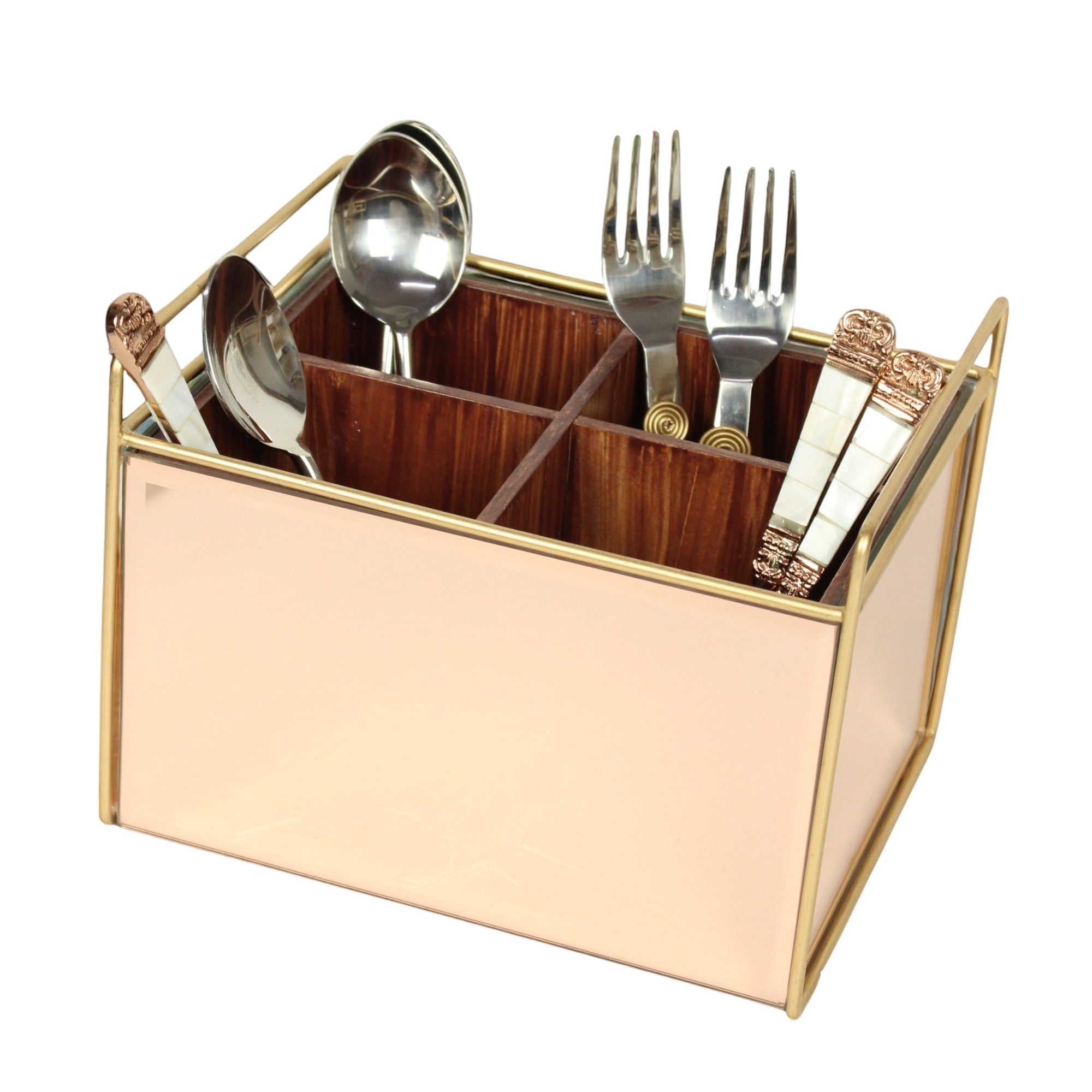 Luxury Rose Gold Glass Cutlery Holder With Four Partition
