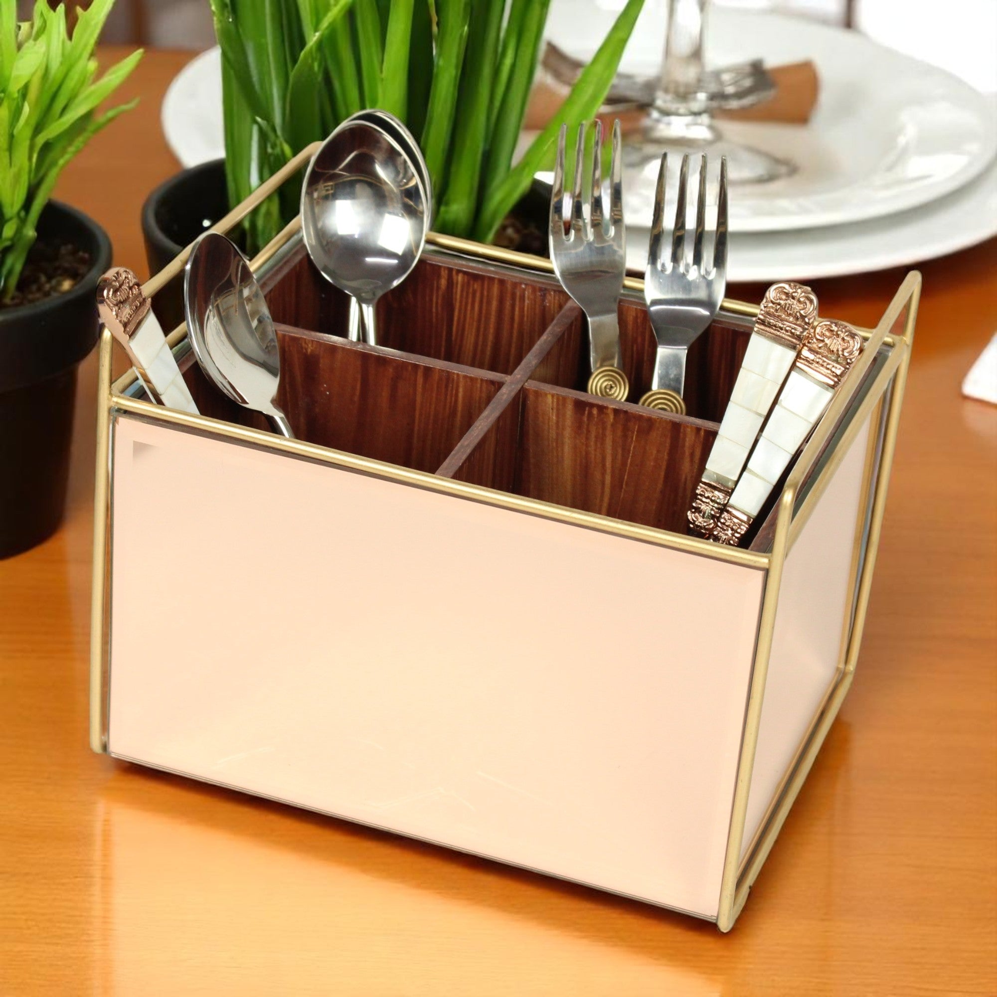 Luxury Rose Golden Glass Cutlery Holder With Four Partition