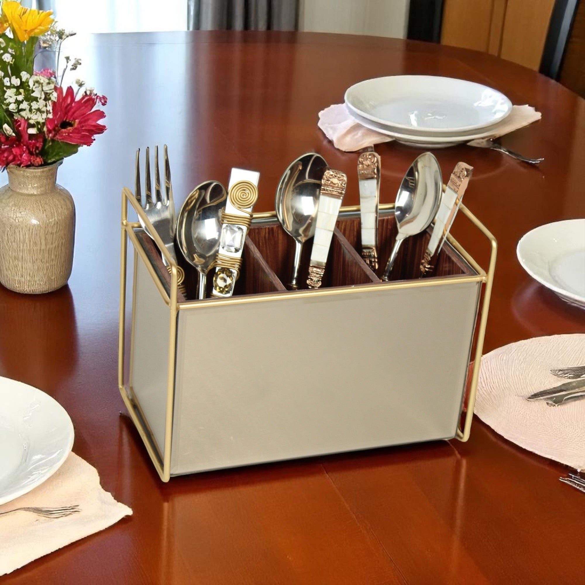 Luxury Brown Glass Cutlery Holder With Three Partition
