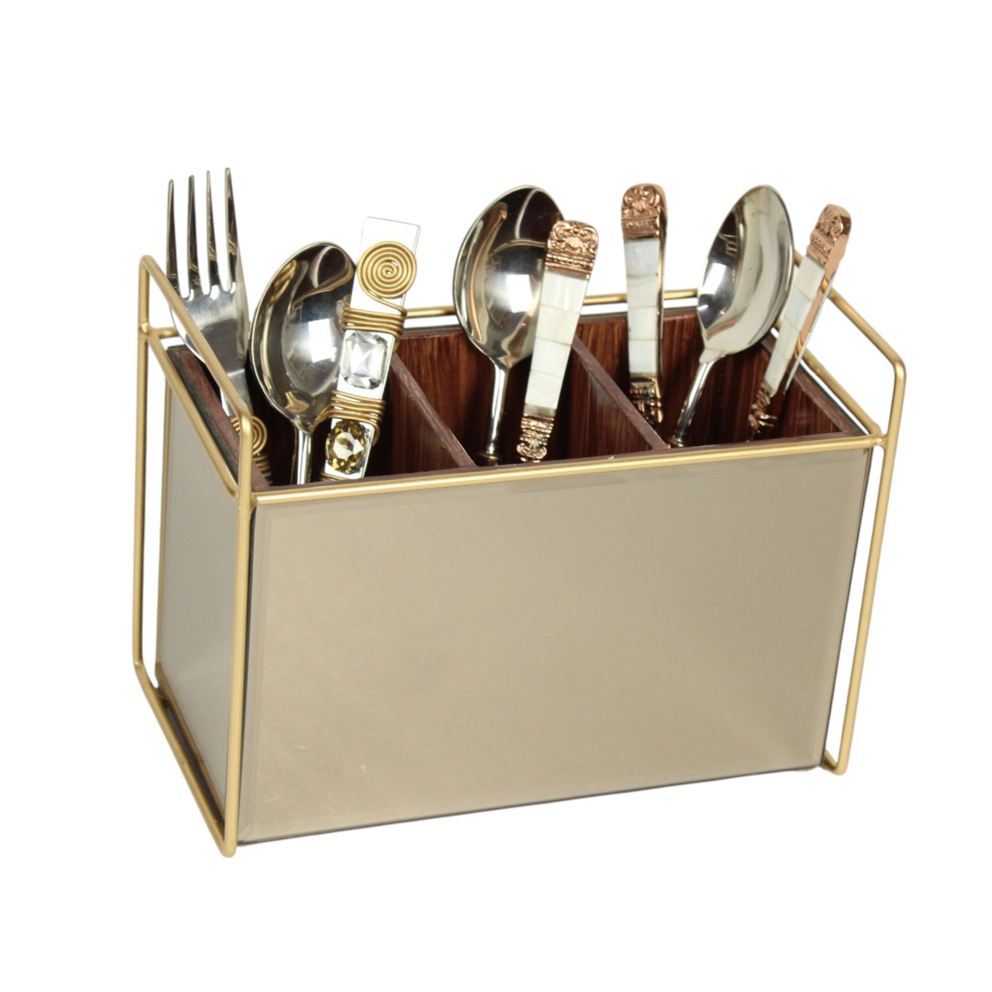 Luxury Brown Glass Cutlery Holder With Three Partition