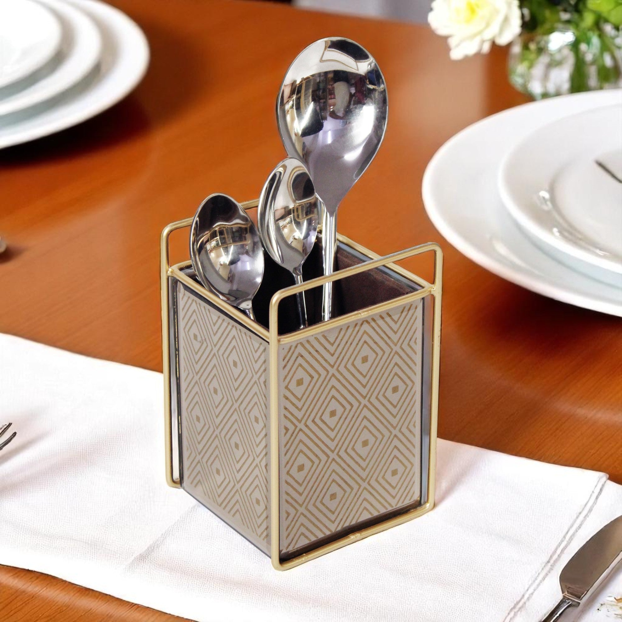 Luxury Brown Glass Diamond Design Cutlery Holder