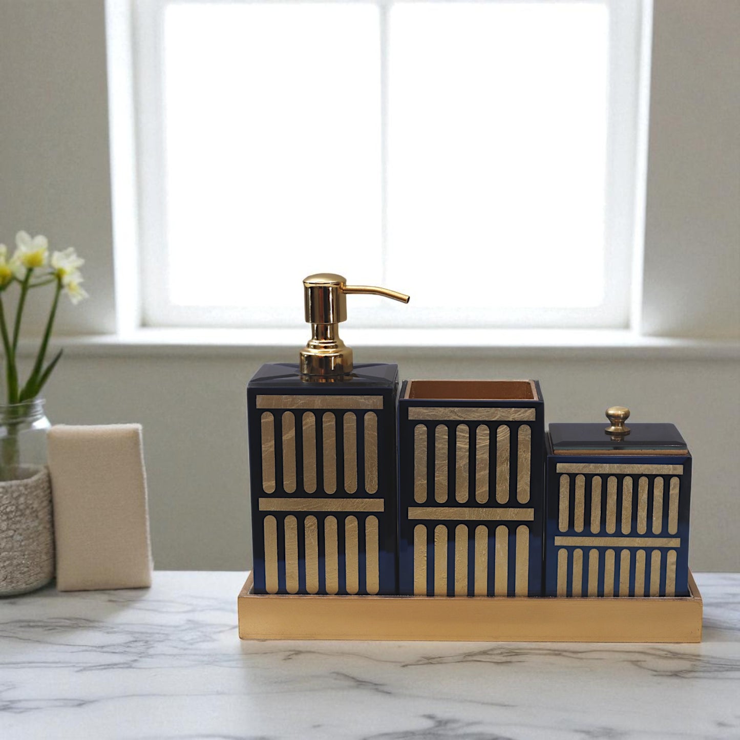 4-Pieces Modern Blue Gold Bathroom Accessory Set