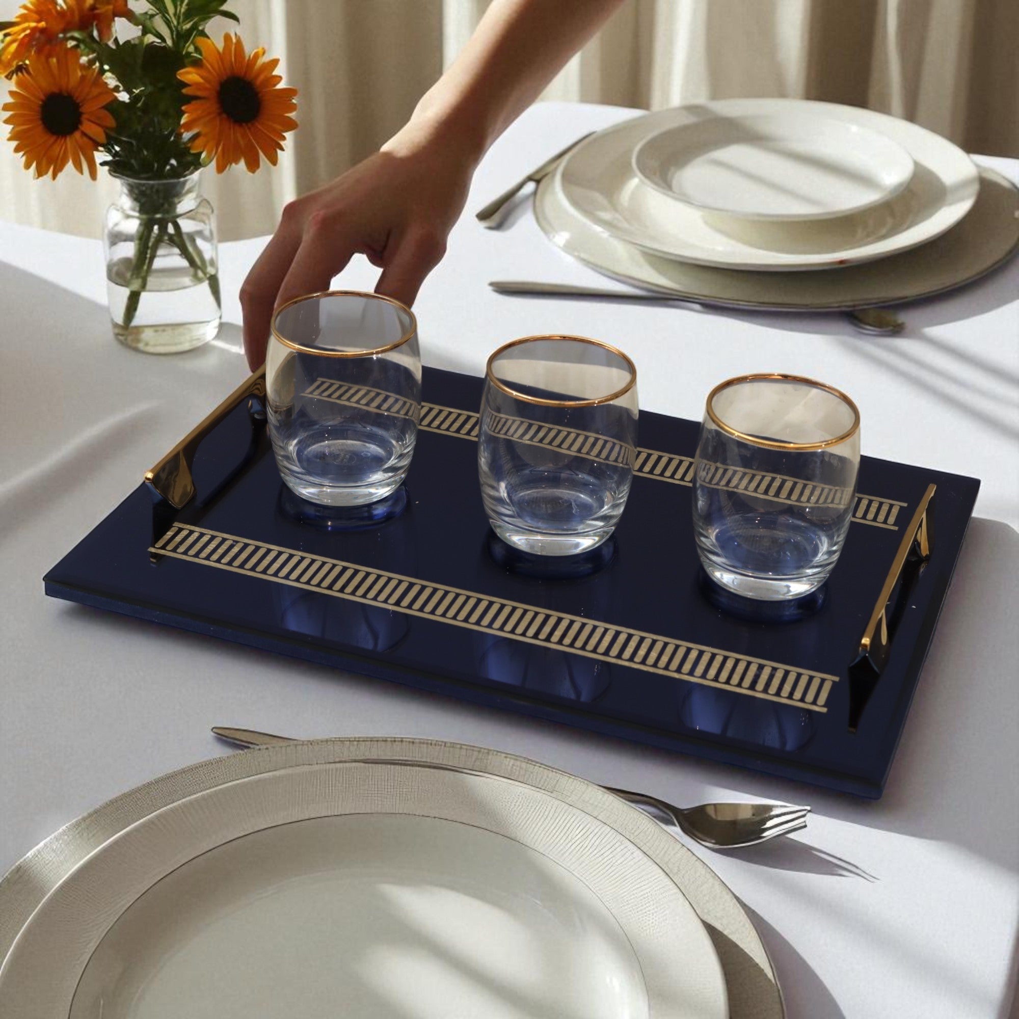 Luxury Designer Blue Golden Glass Tray