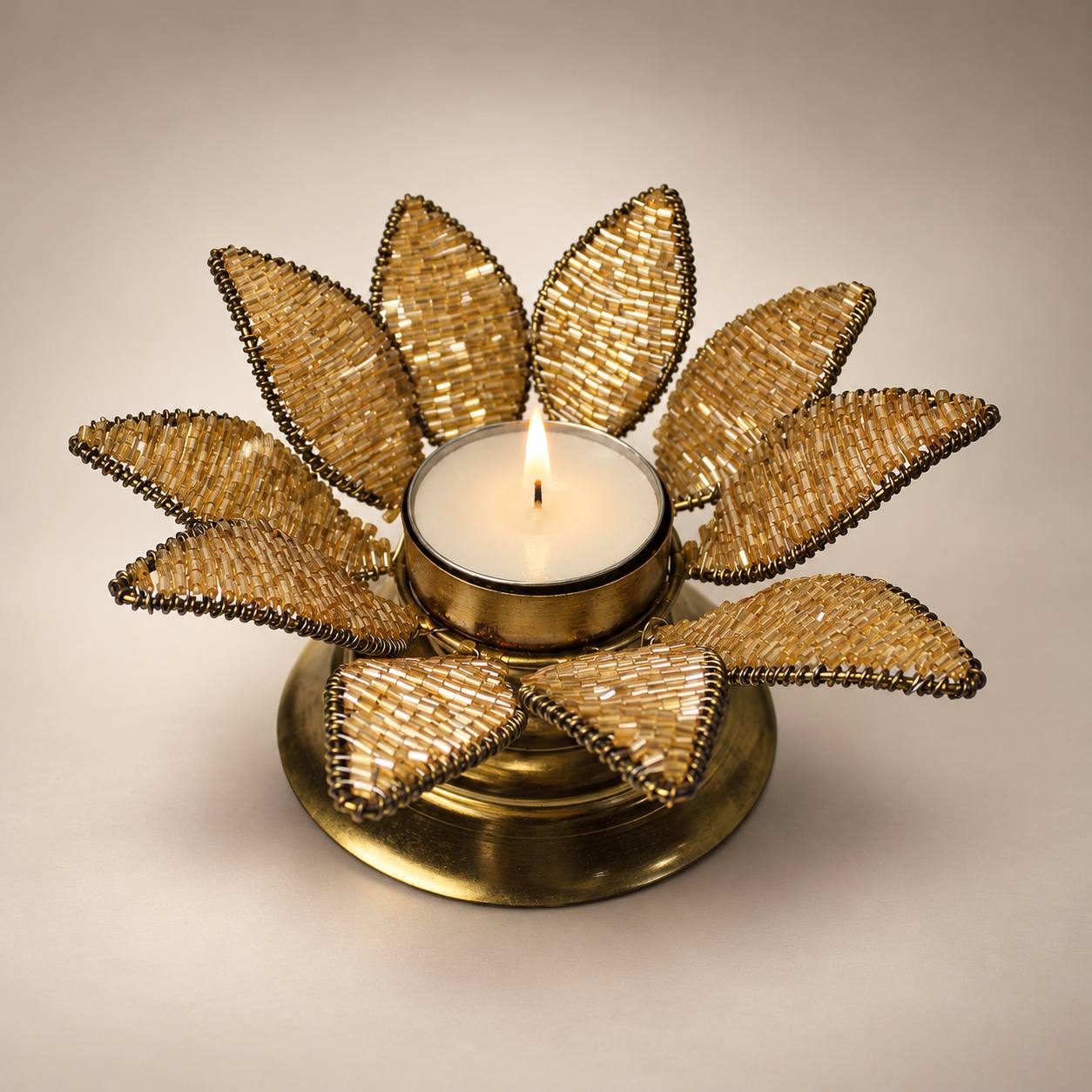 Golden Beaded Lotus Tealight Candle Holder