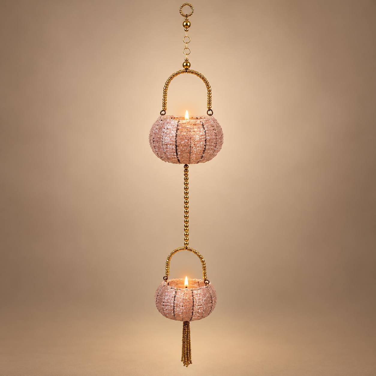 Two-Tier Blush Pink Beaded Hanging Diya Tealight Holder