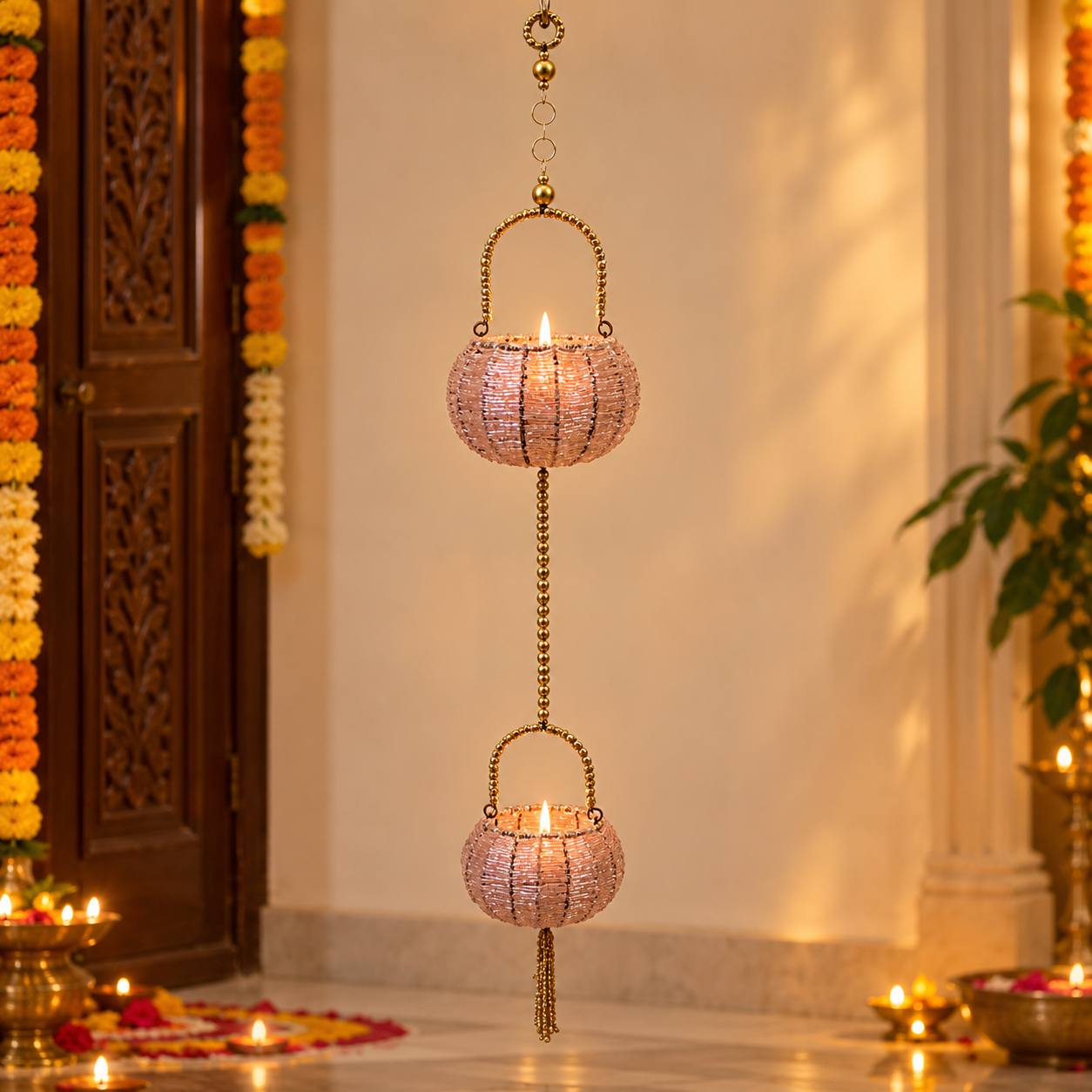 Two-Tier Blush Pink Beaded Hanging Diya Tealight Holder