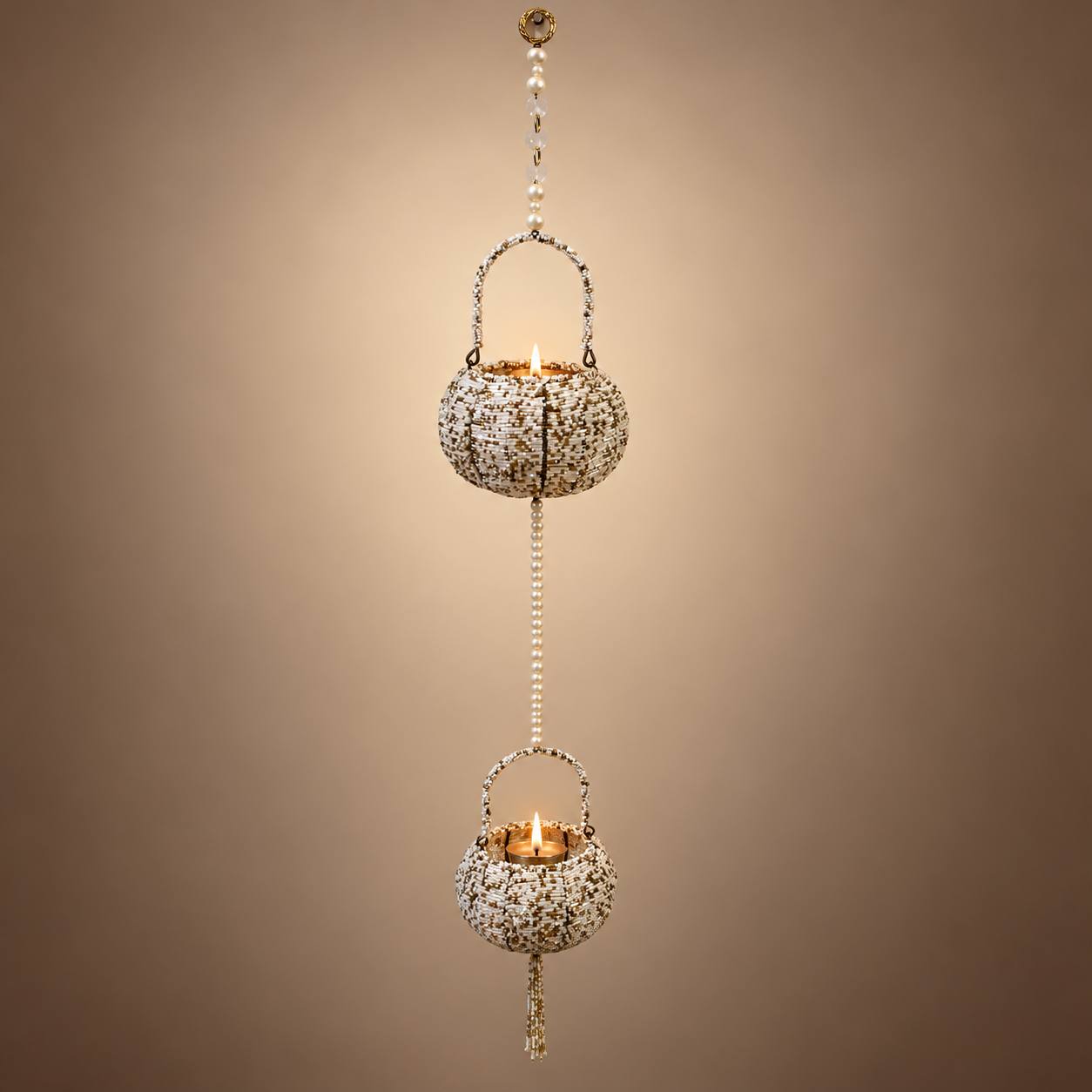 Two-Tier Blush White Beaded Hanging Diya Tealight Holder
