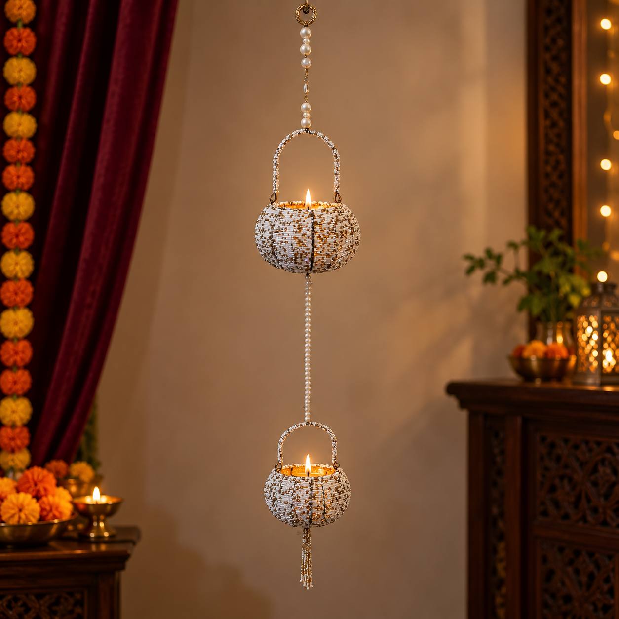 Two-Tier Blush White Beaded Hanging Diya Tealight Holder