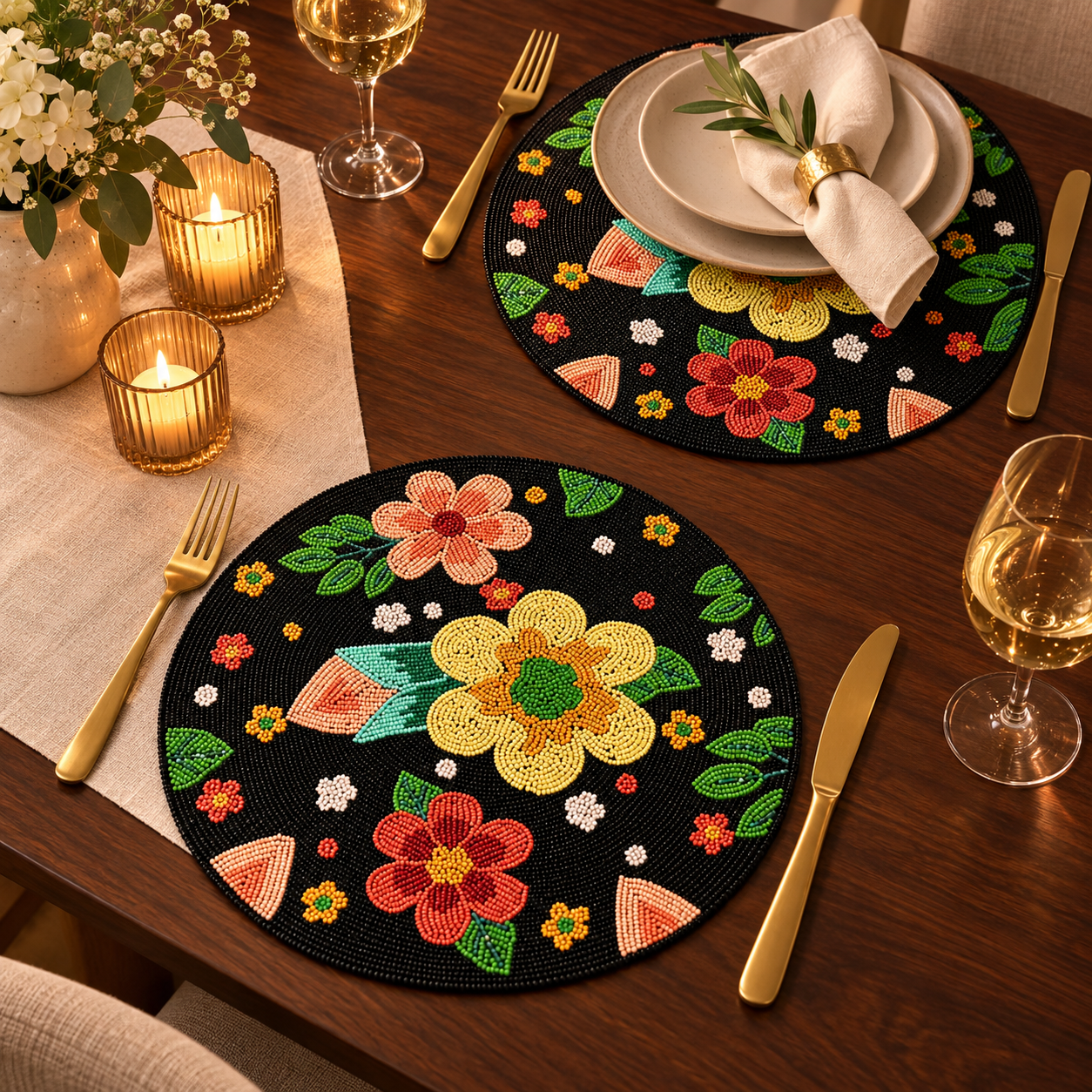  Round Beaded Floral Placemats Set of Two 