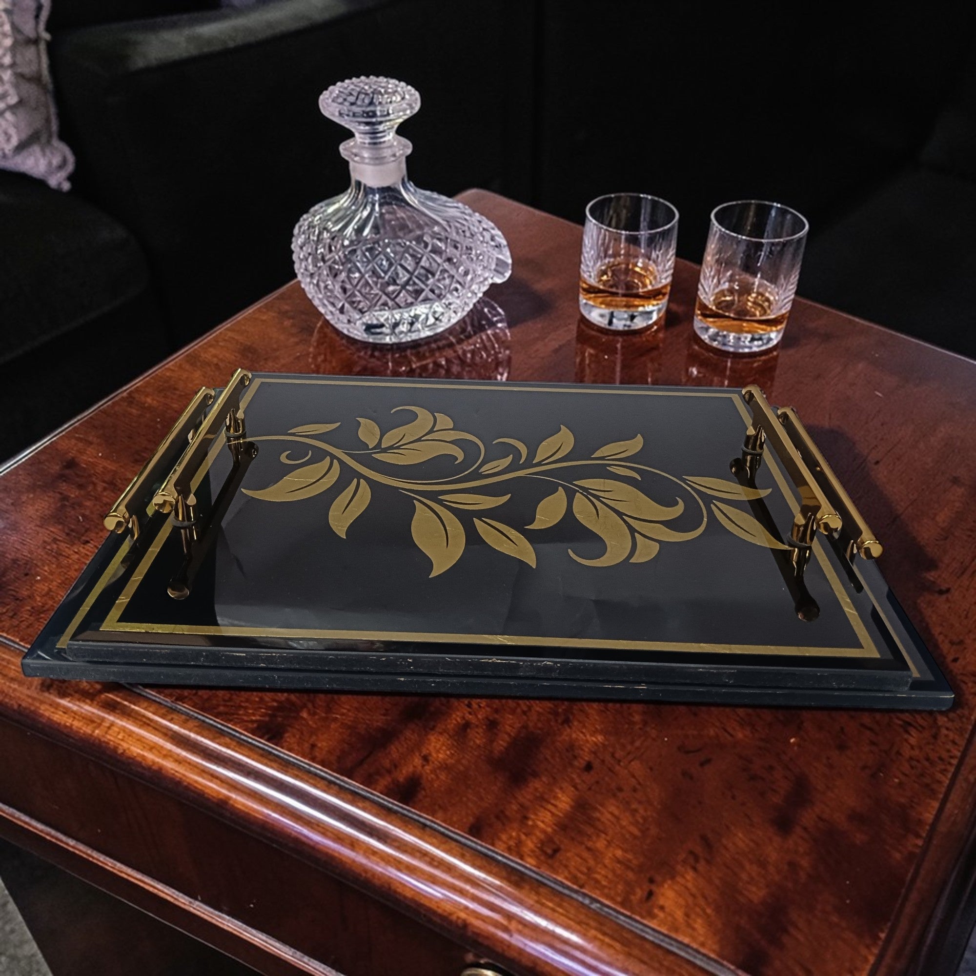 Luxury  Lilly Design Black Glass Tray Set of Two