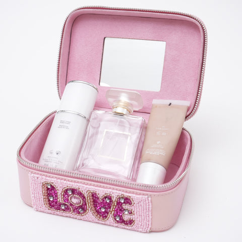 Hand Embroidered Pink PU, Make up case | It is a good choice for a Valentine gift