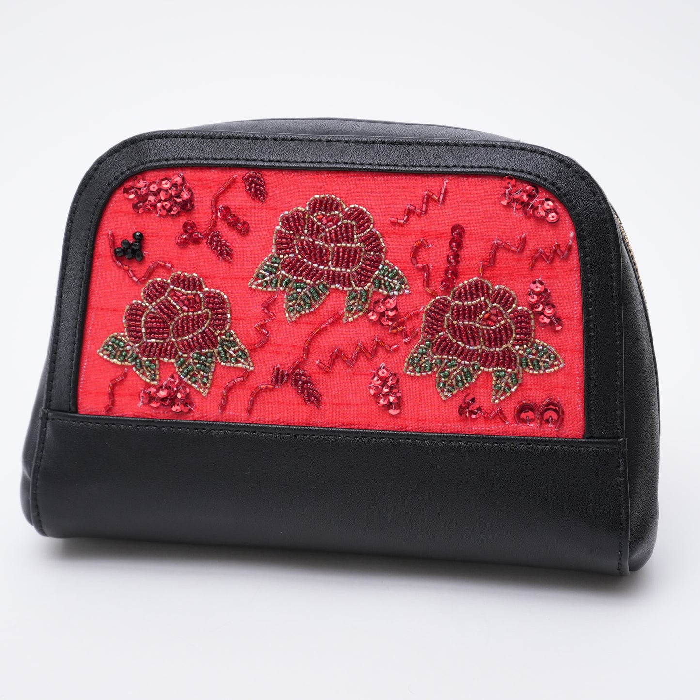 Hand-Embroidered Red PU Makeup Pouch for Valentine's Day