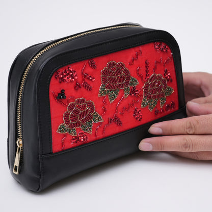 Hand-Embroidered Red PU Makeup Pouch for Valentine's Day