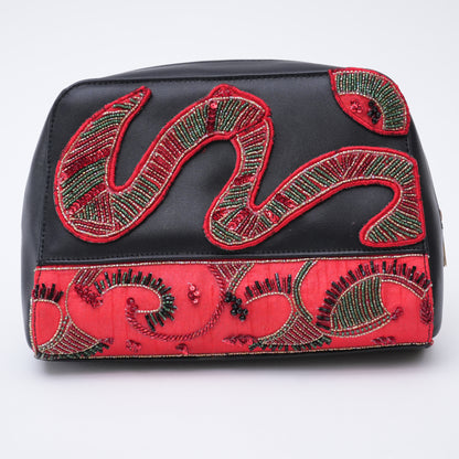 Black pu with Red embroidered make-up pouch for Valentine's Day