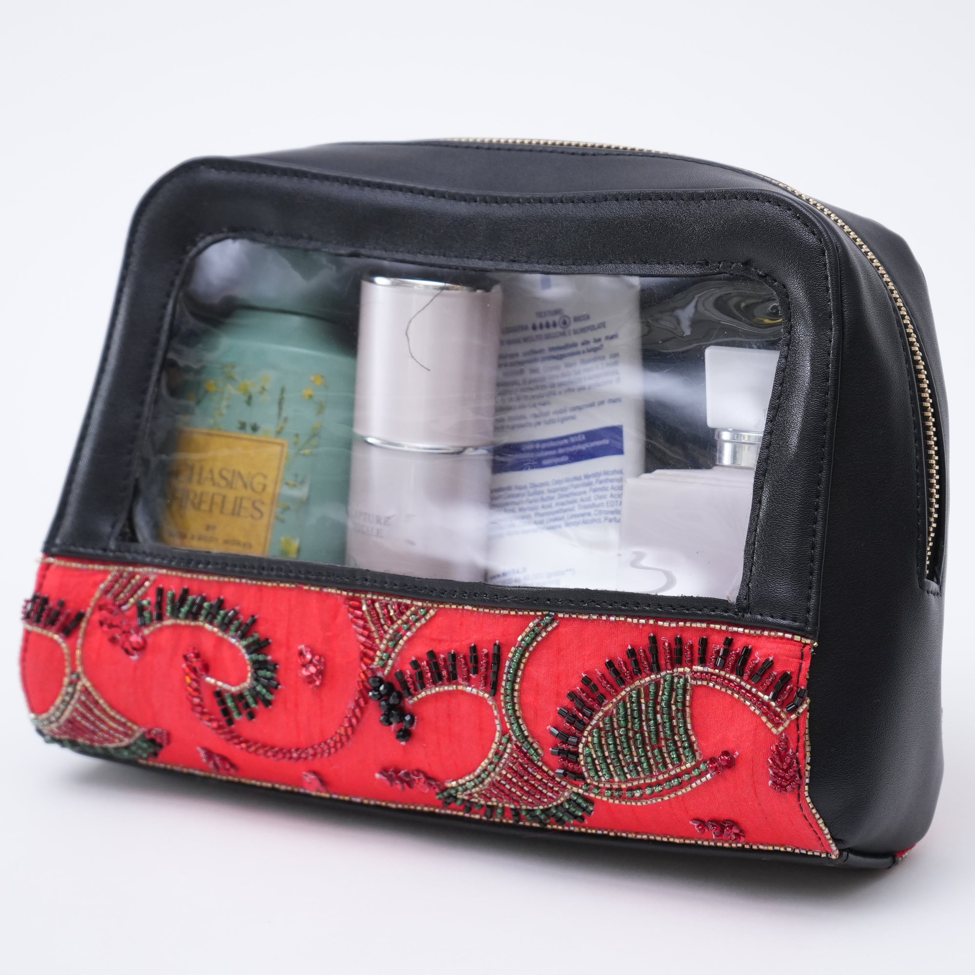 Black pu with Red embroidered make-up pouch