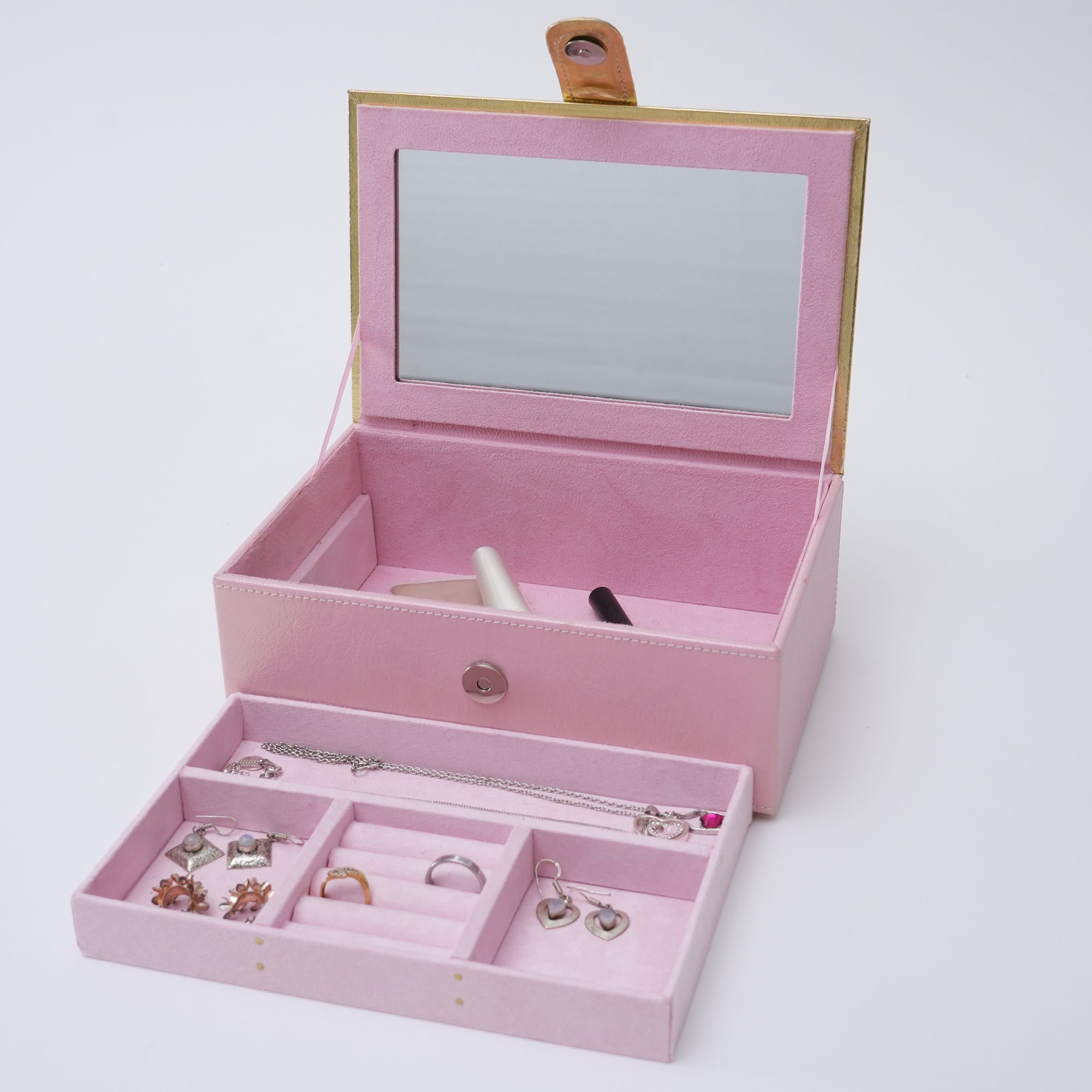  Pink Embroidered Jewellery Box With Mirror 