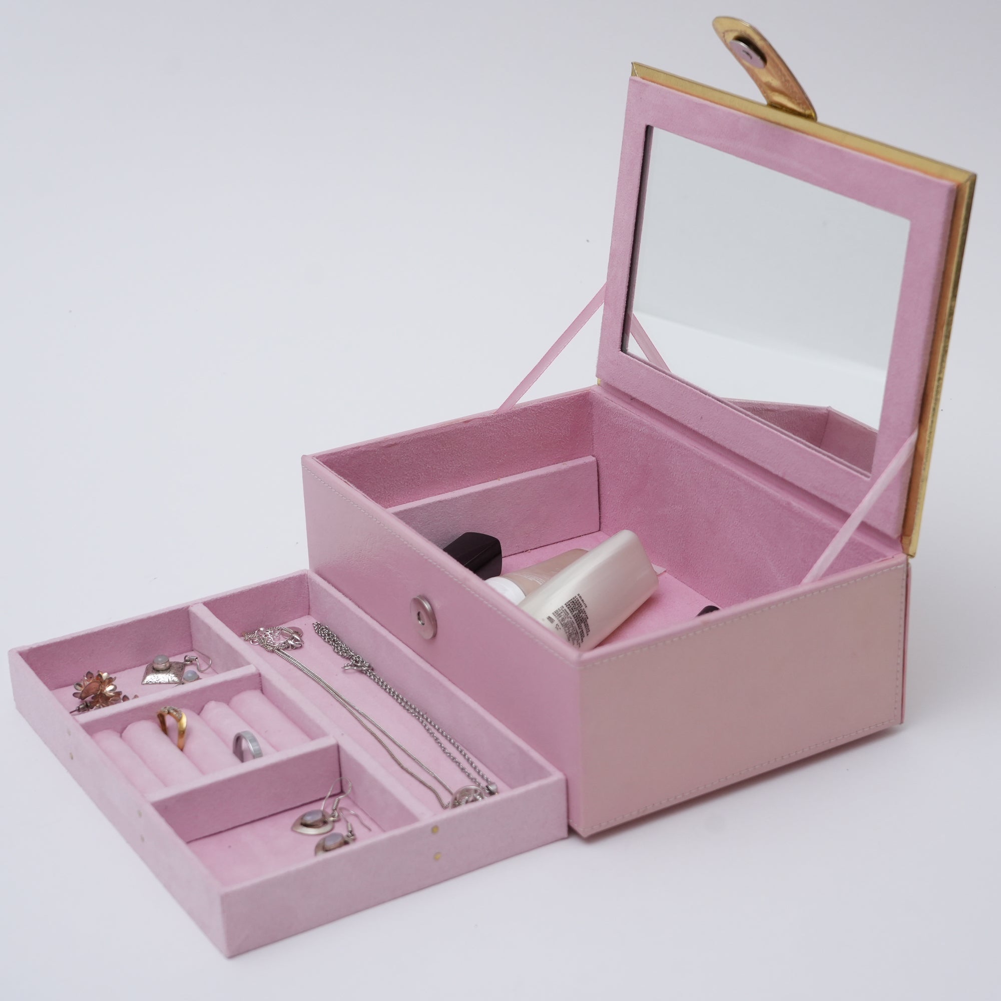 Pink Embroidered Jewellery Box With Mirror