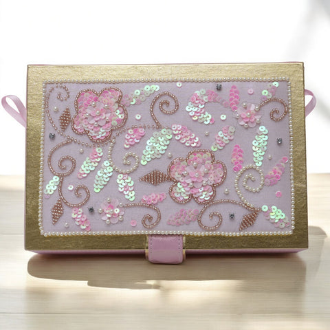 Pink Embroidered Jewelry Box With Mirror
