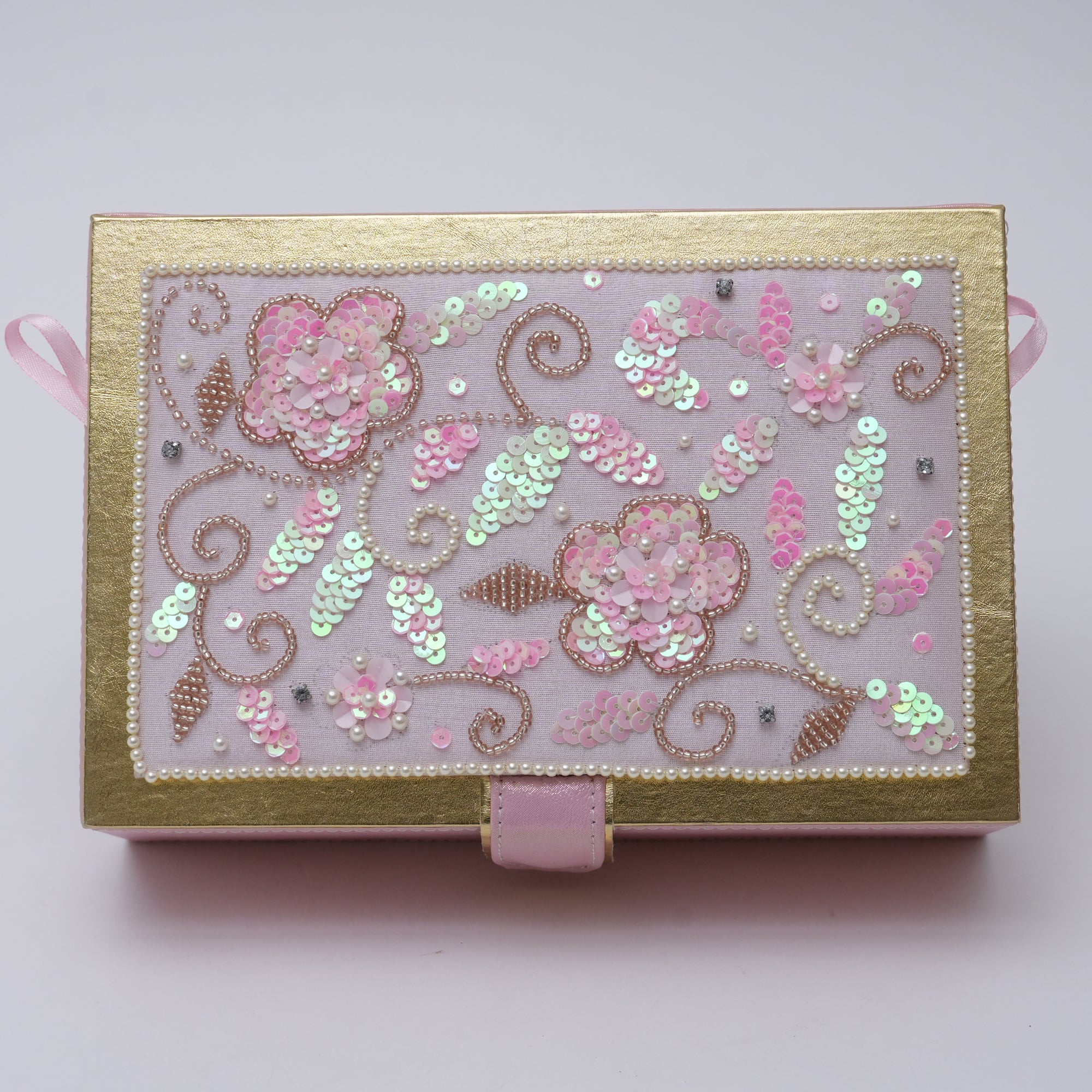 Pink Embroidered Jewellery Box With Mirror