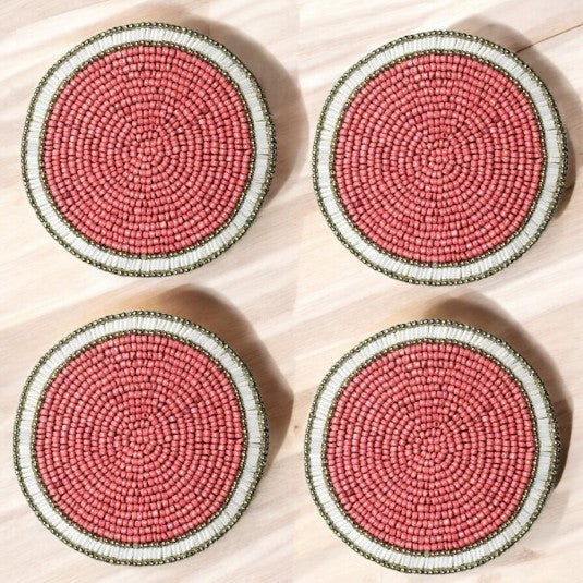 Beaded Embroidered Pink Ivory Coaster Set of Four