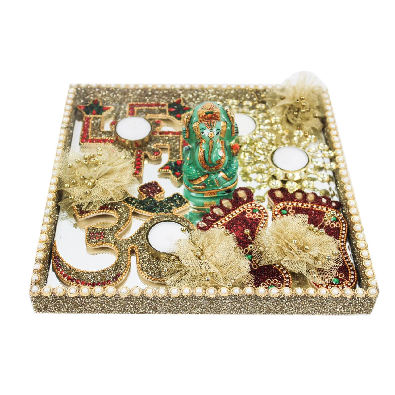 Lord Ganesh Set of 3 Big Size Beaded Laxmi Ji Charan with Om & Swastik Diya Hamper for Diwali Gifts