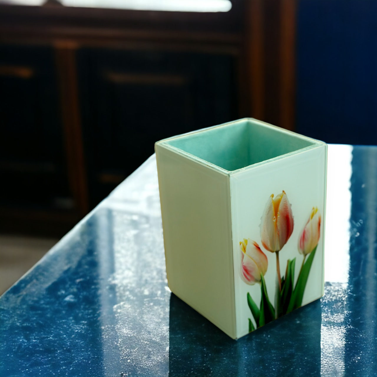 Tulip-Design Glass Printed Cutlery Holder
