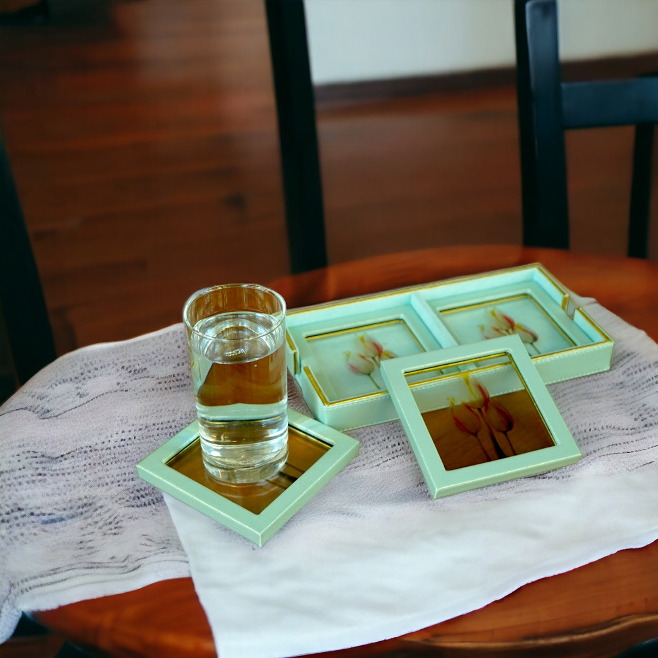 Printed Glass Tulip Design Coaster Set of Four