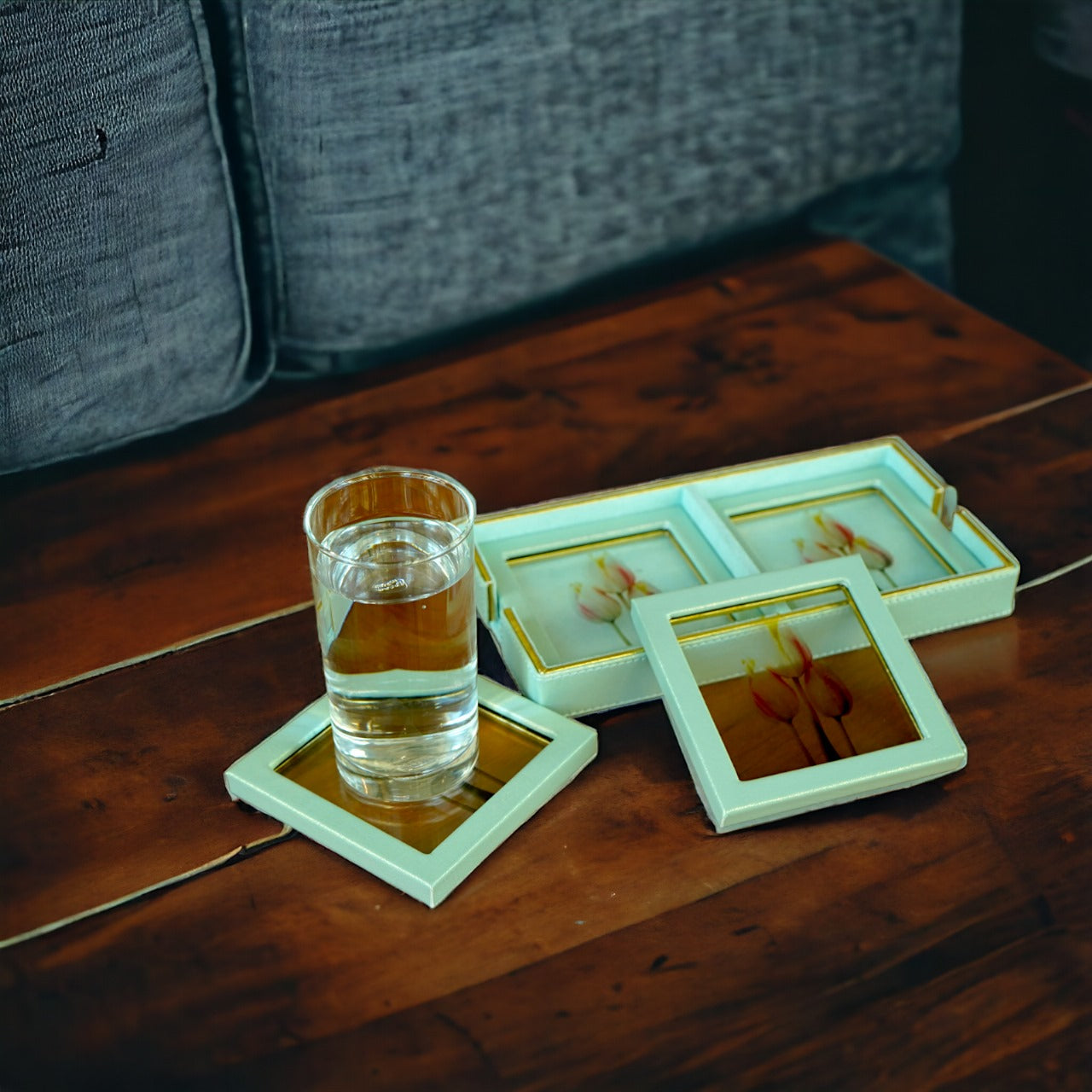 Printed Glass Tulip Design Coaster Set of Four