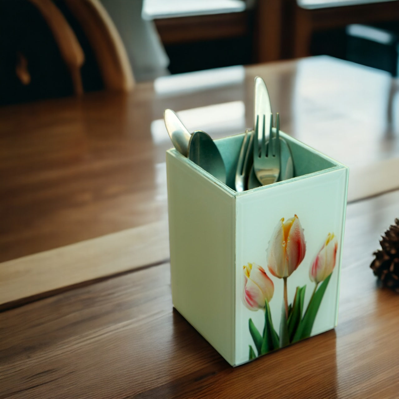 Tulip-Design Glass Printed Cutlery Holder