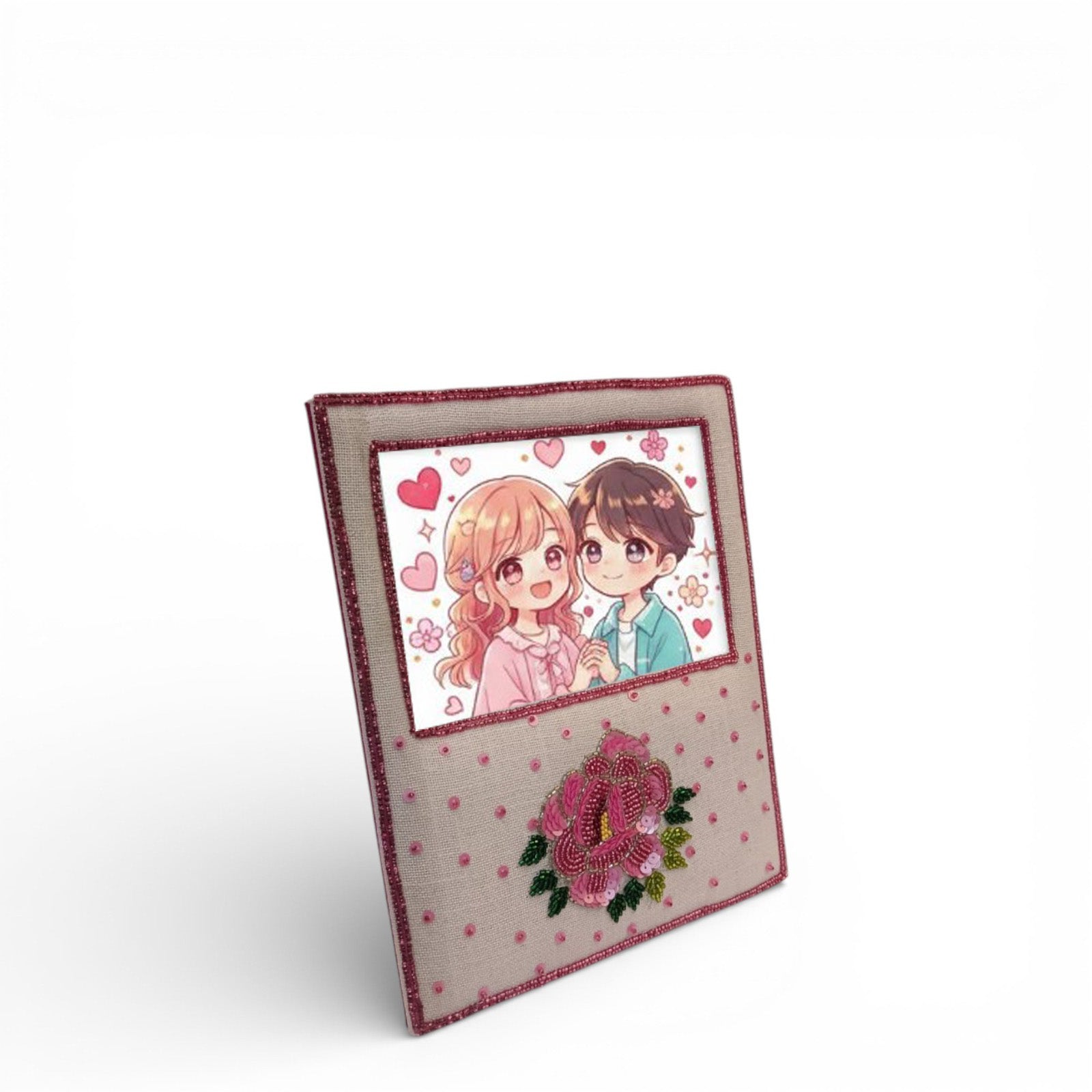 "Floral Romance" Beaded Fabric Photo Frame – Cream with Pink Rose Embellishment for Valentine