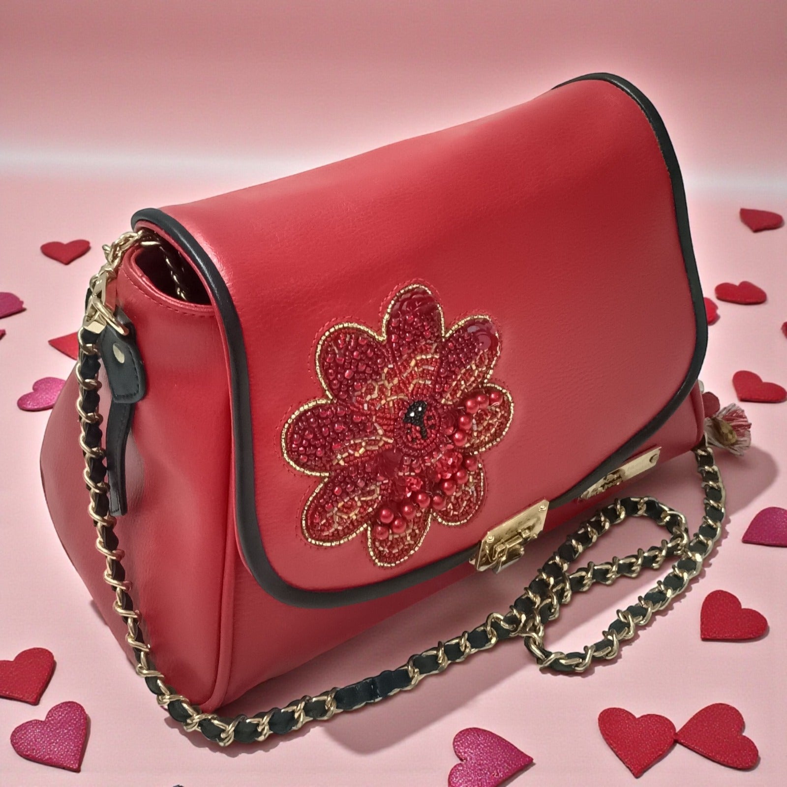 Flora Hand-Beaded Vegan PU Crossbody Bag for Valentine