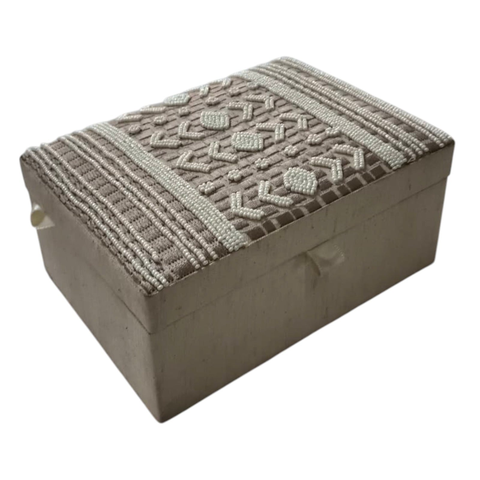  Hand-Beaded Jewelry Box â€“ Ivory Fabric with Geometric Seed Bead 