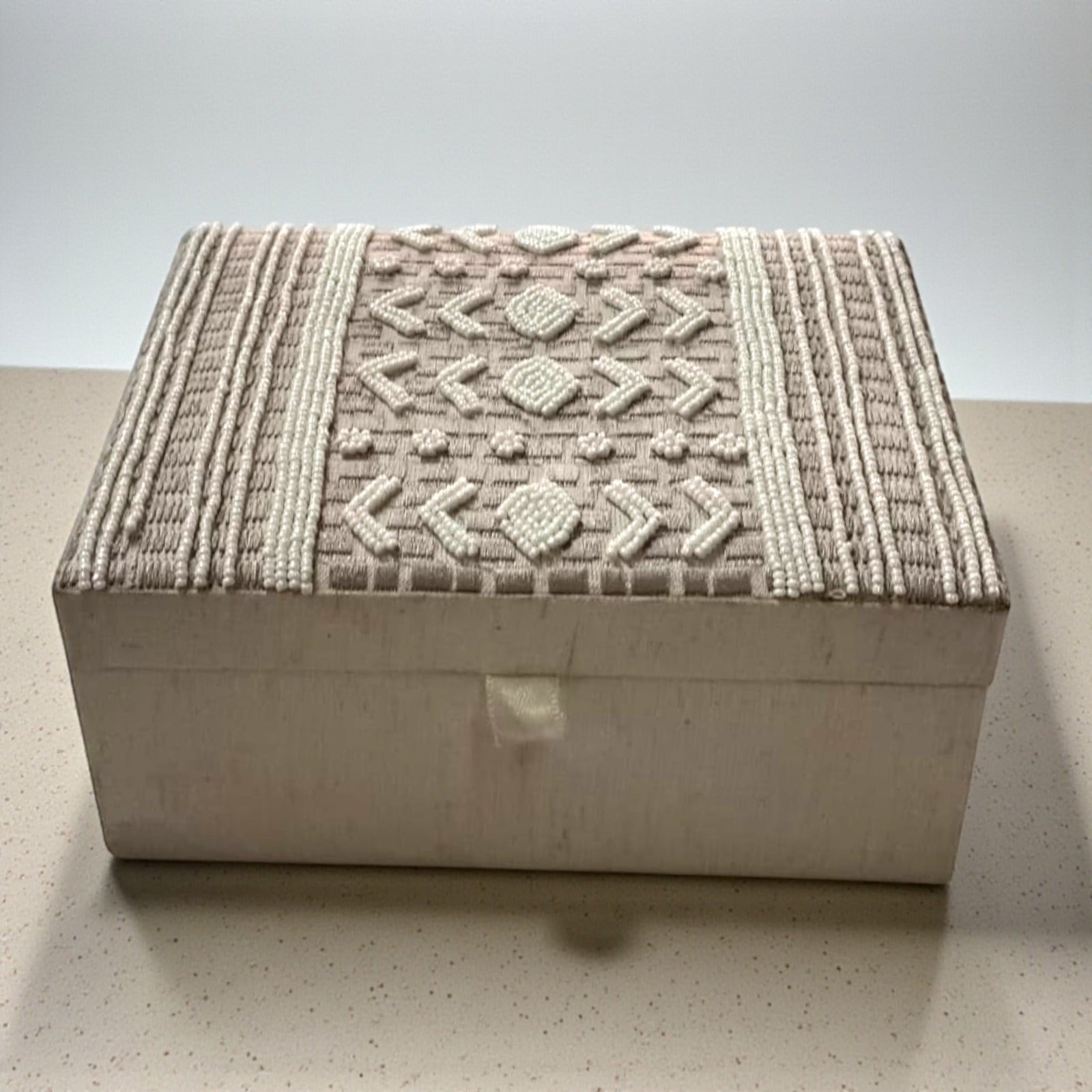  Hand-Beaded Jewelry Box â€“ Ivory Fabric with Geometric Seed Bead 