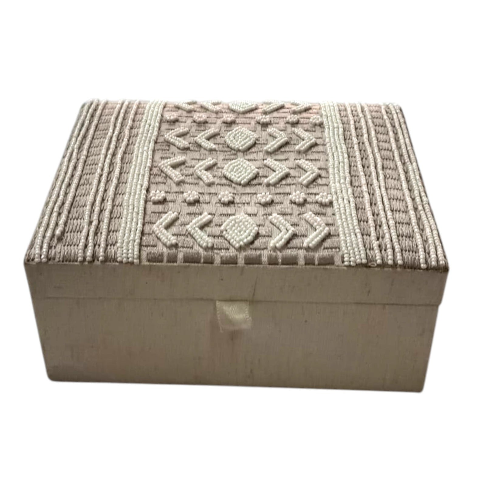Hand-Beaded Jewelry Box â€“ Ivory Fabric with Geometric Seed Bead