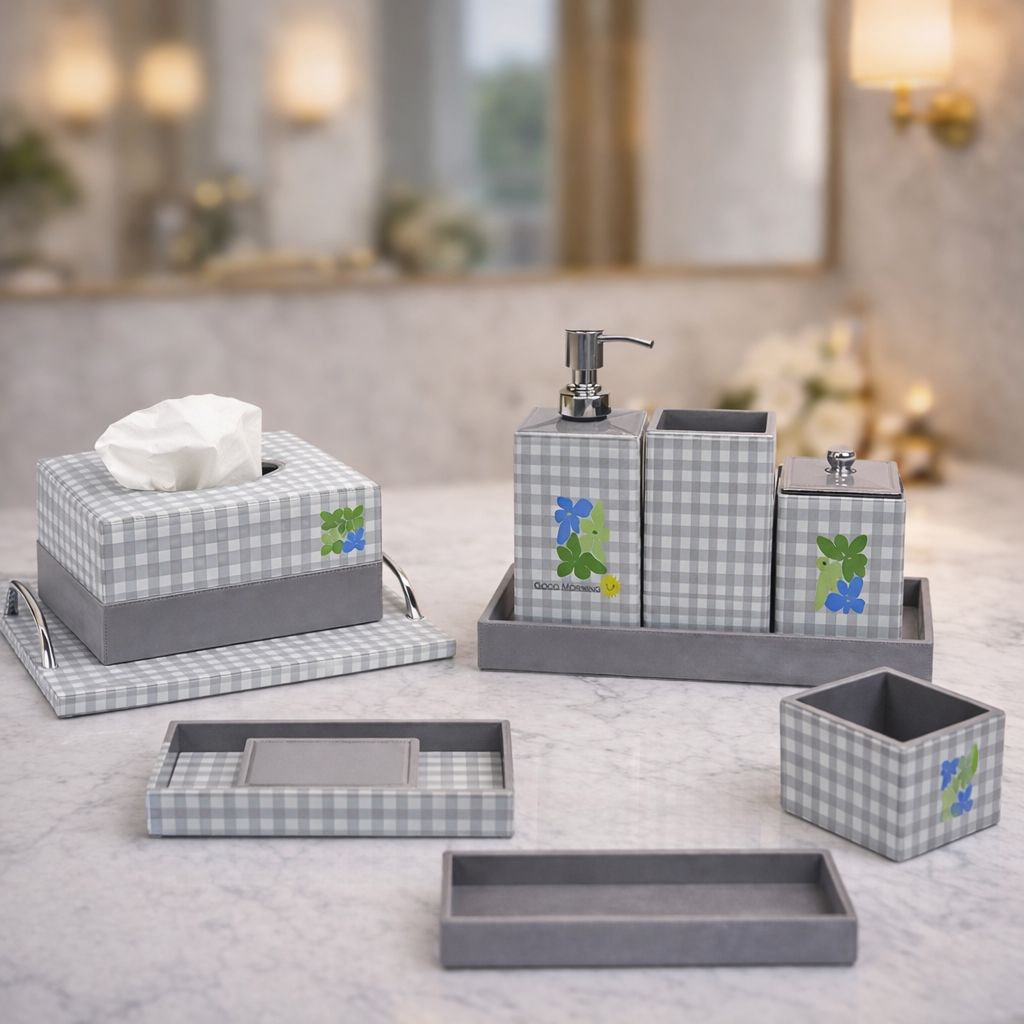  Designer Glass 8-Pieces Gingham Bathroom Accessory 