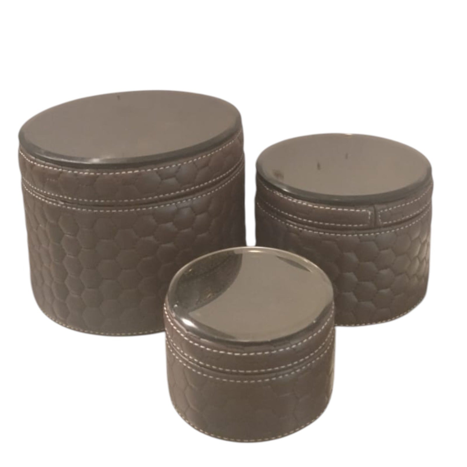set of 3 boxes round leatherite quilted brown color multipurpose utility box mirror