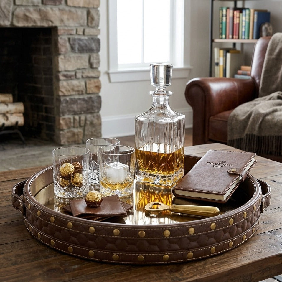 round serving tray with glass base inside leatherite handles