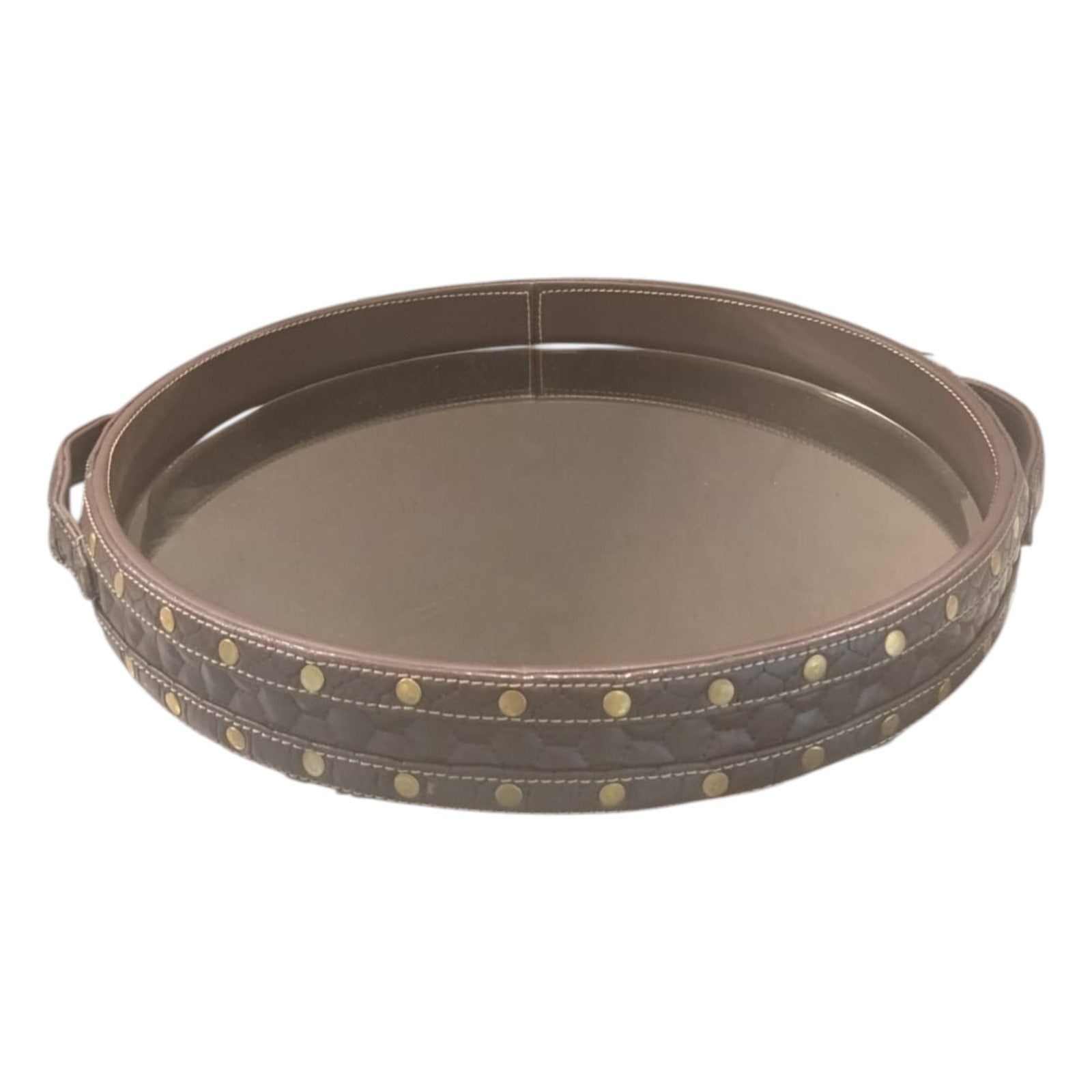 round serving tray with glass base inside leatherite handles