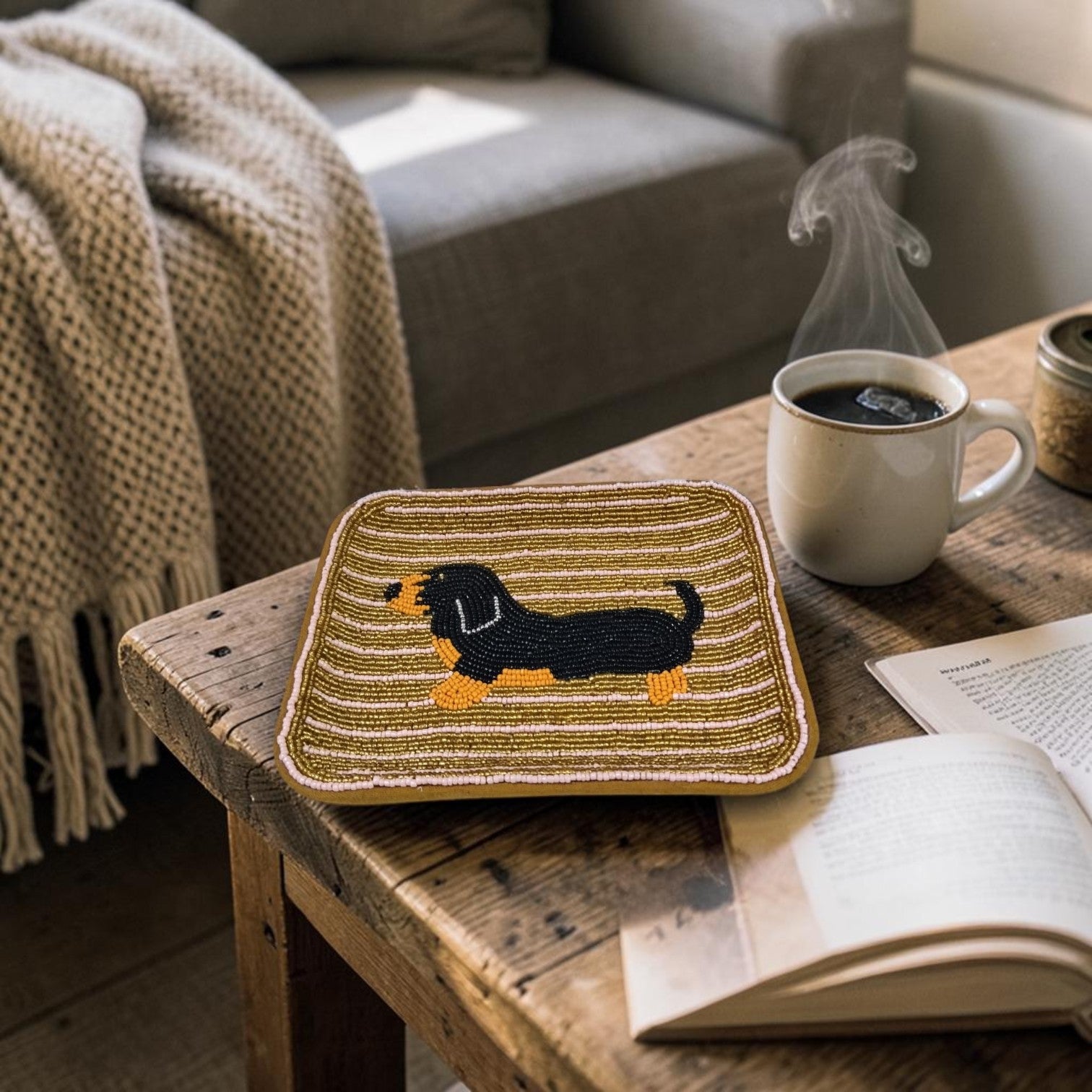 Hand-Beaded Dog Design Trinket Tray