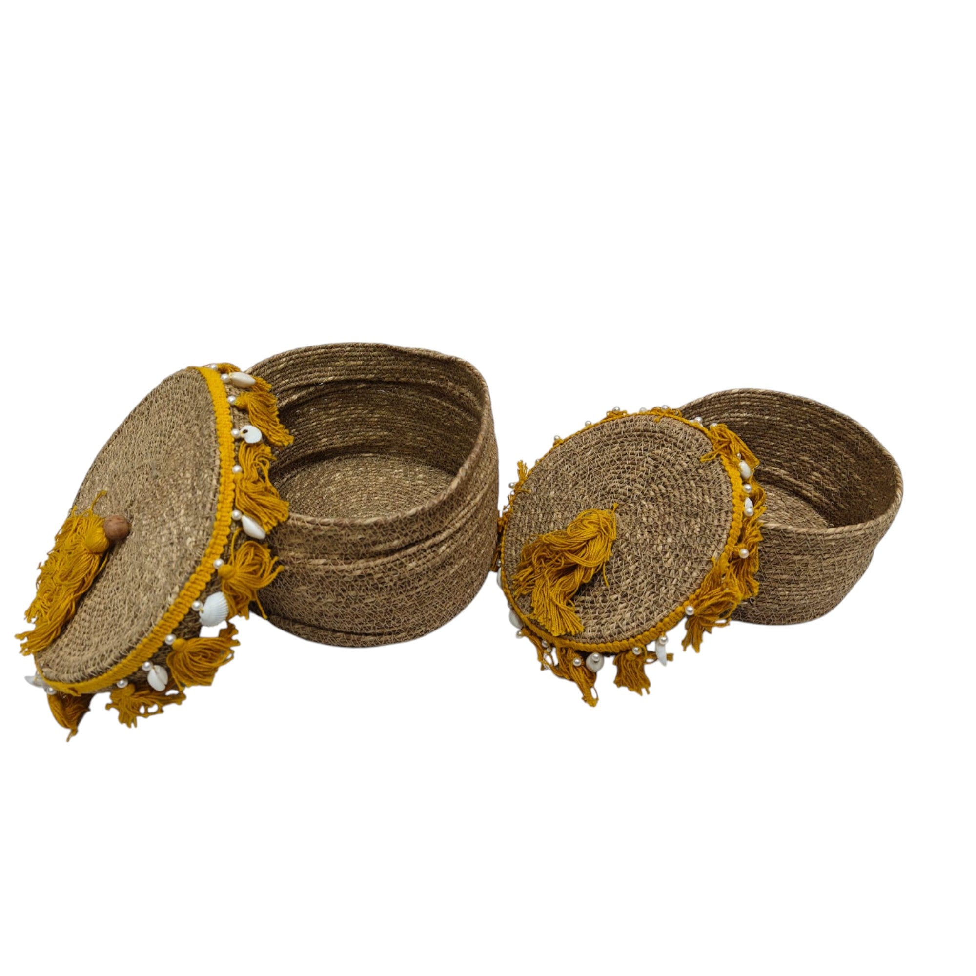 Seagrass Storage Baskets with Tassels & Cowrie Shells (Set of 2)