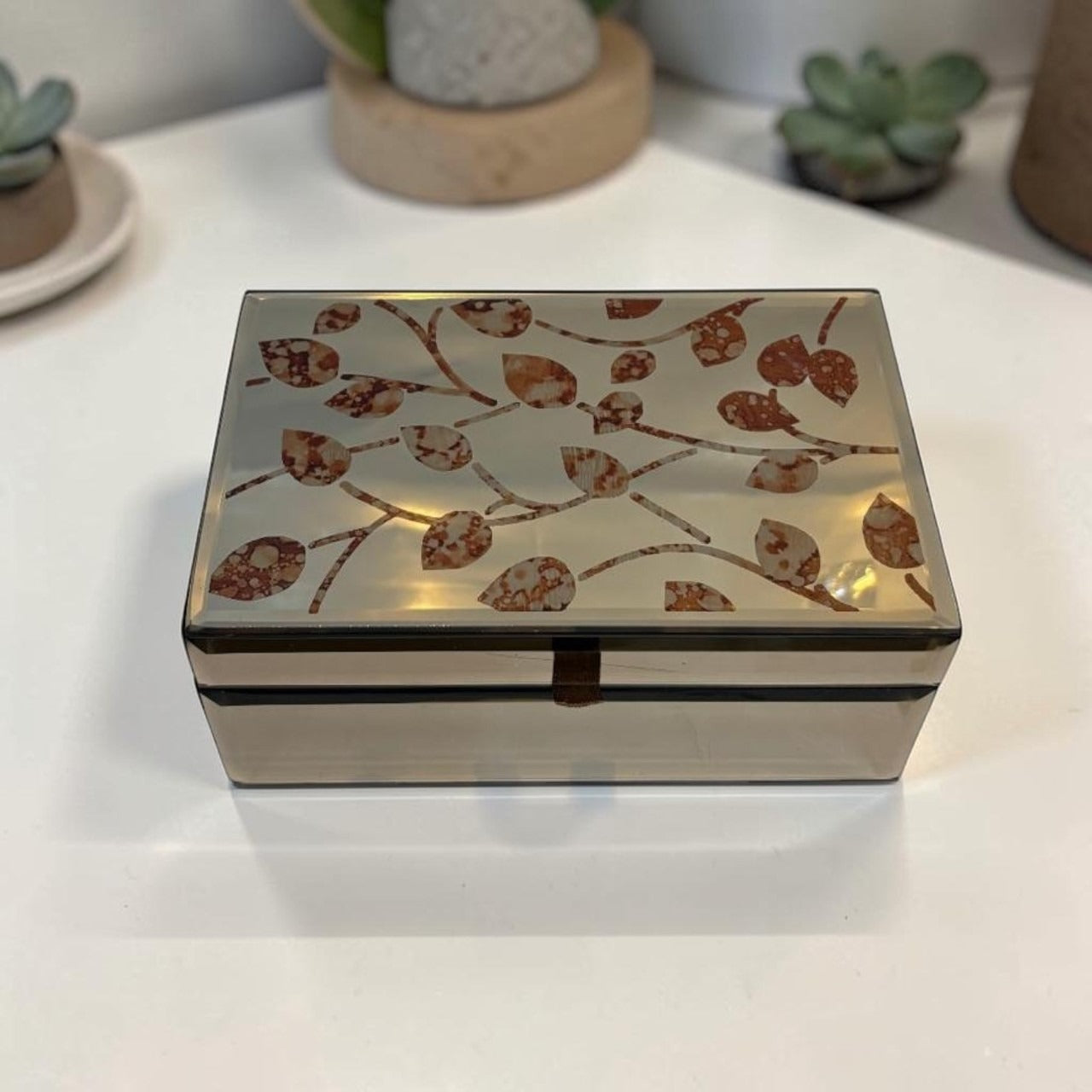  Glass Leaf Design Jewellery Box 