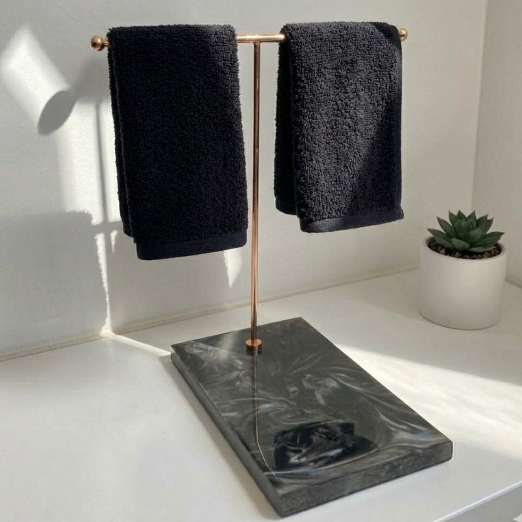 Rose Gold T-Bar Double Towel Stand with Black Resin Marble Base