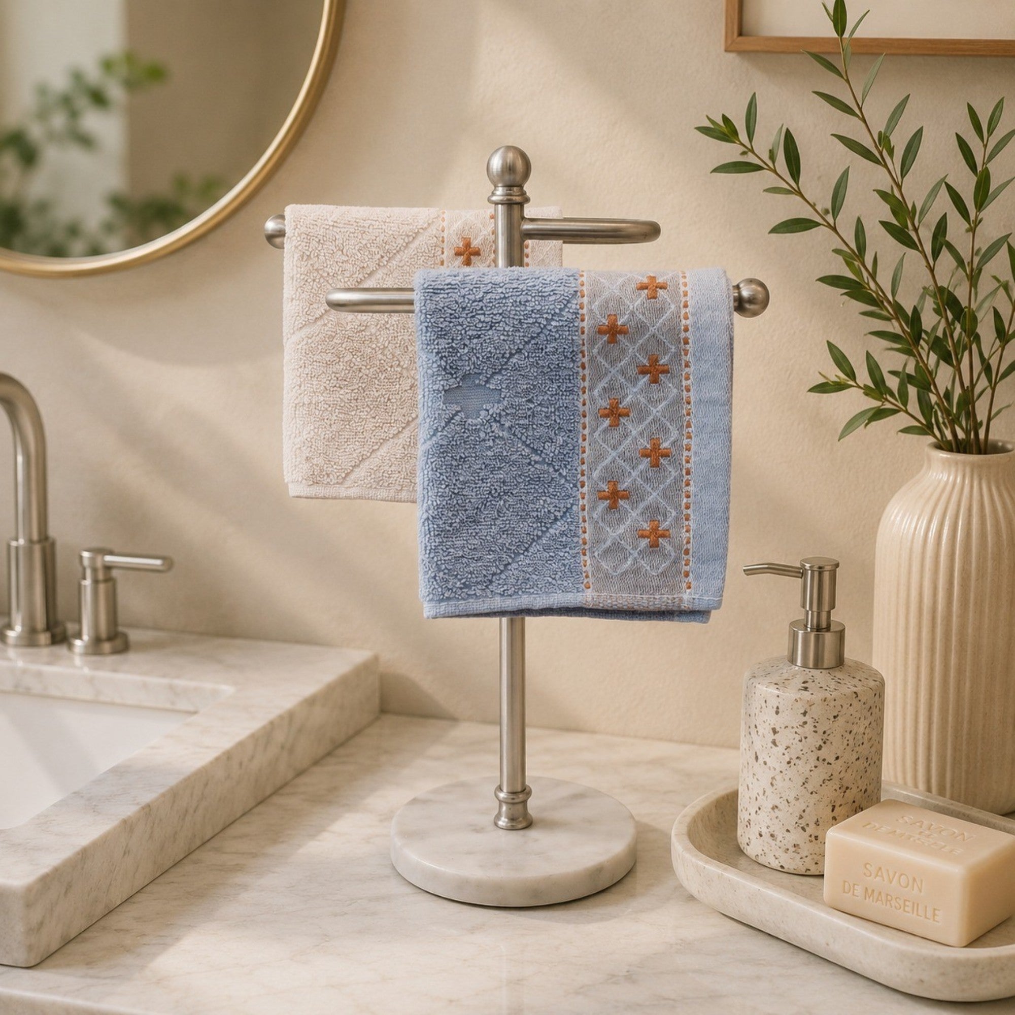 Premium Ivory Marble Coated Base with Silver metal  Hand Towel Stand