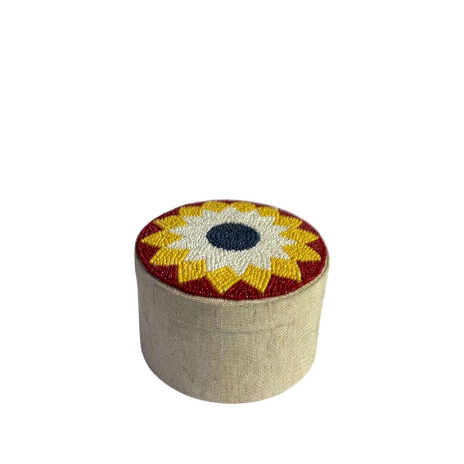 Handmade Round Beaded Jewelry Box with Floral Design