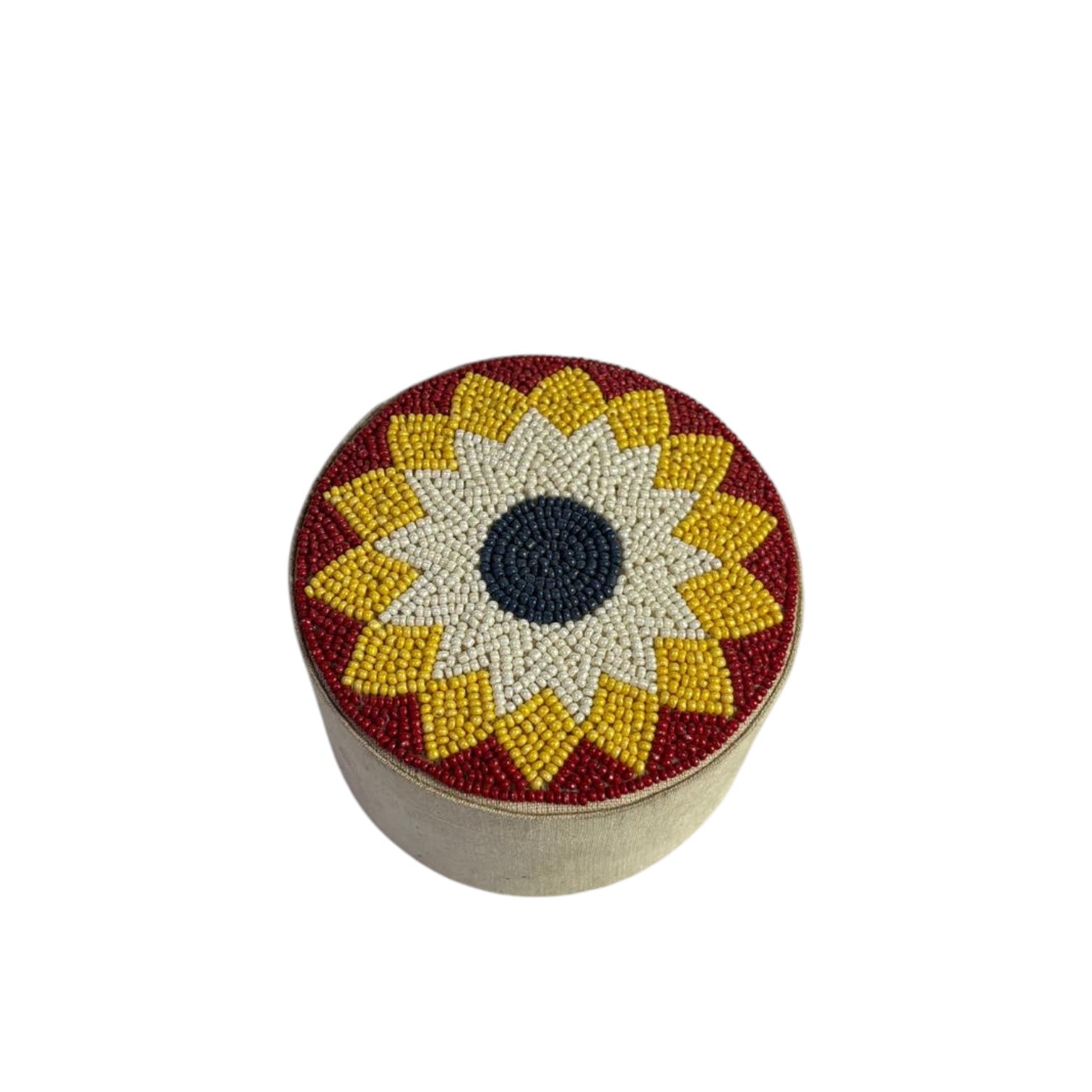 Handmade Round Beaded Jewelry Box with Floral Design